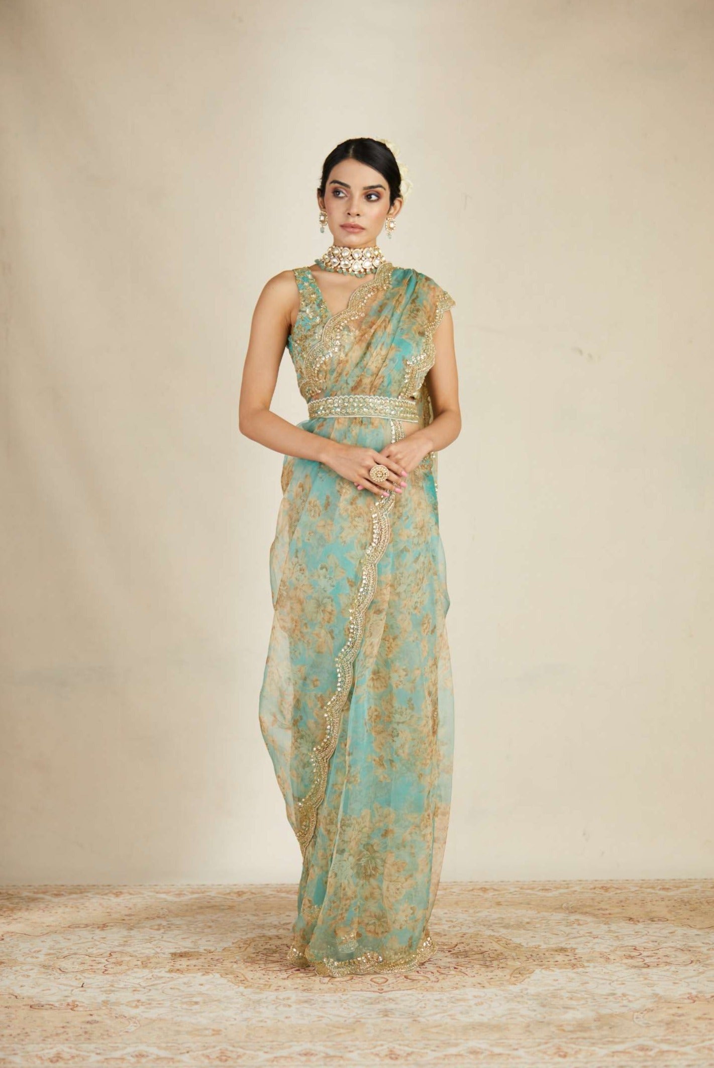 Mint Oganza Floral Saree Set