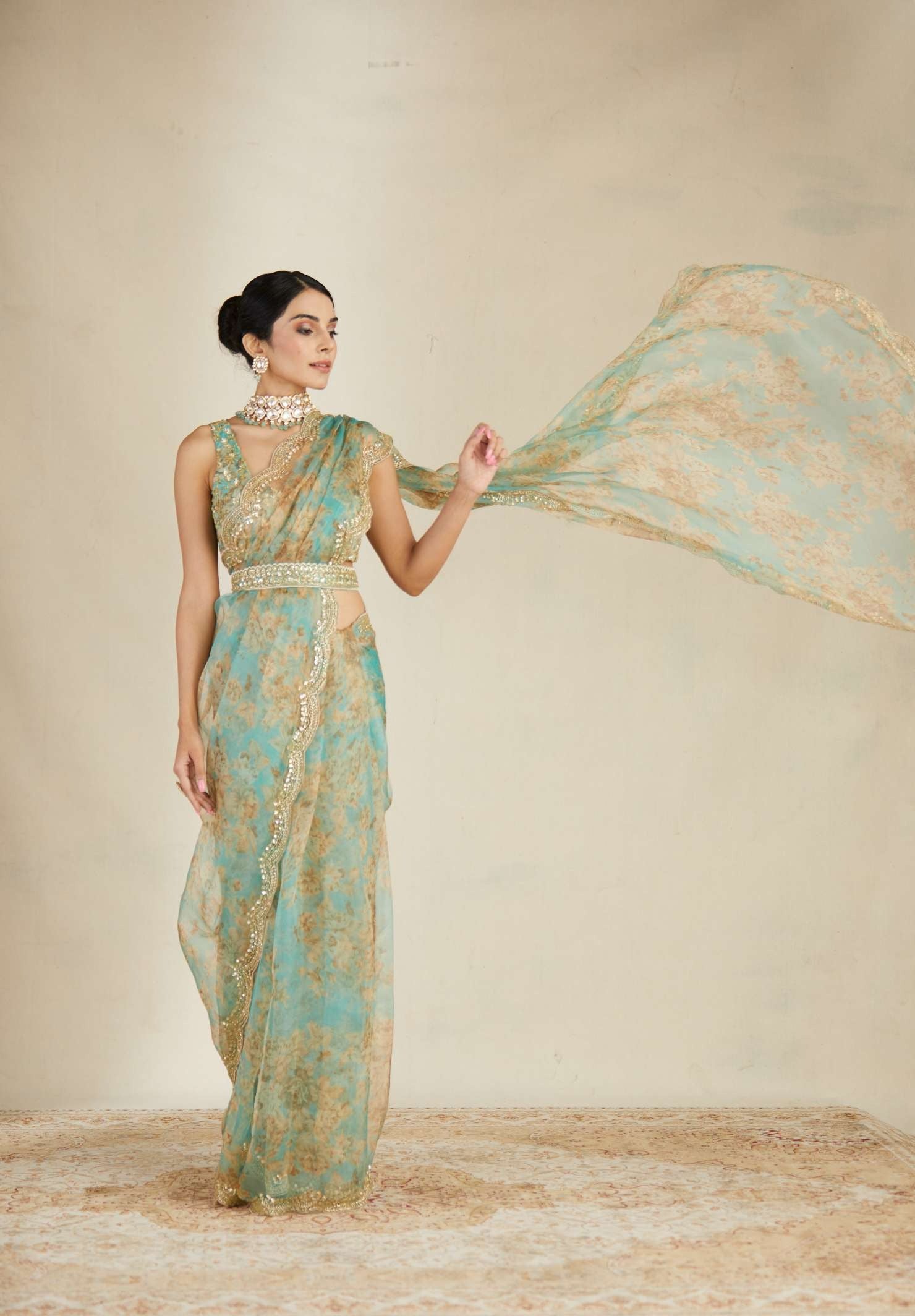 Mint Oganza Floral Saree Set