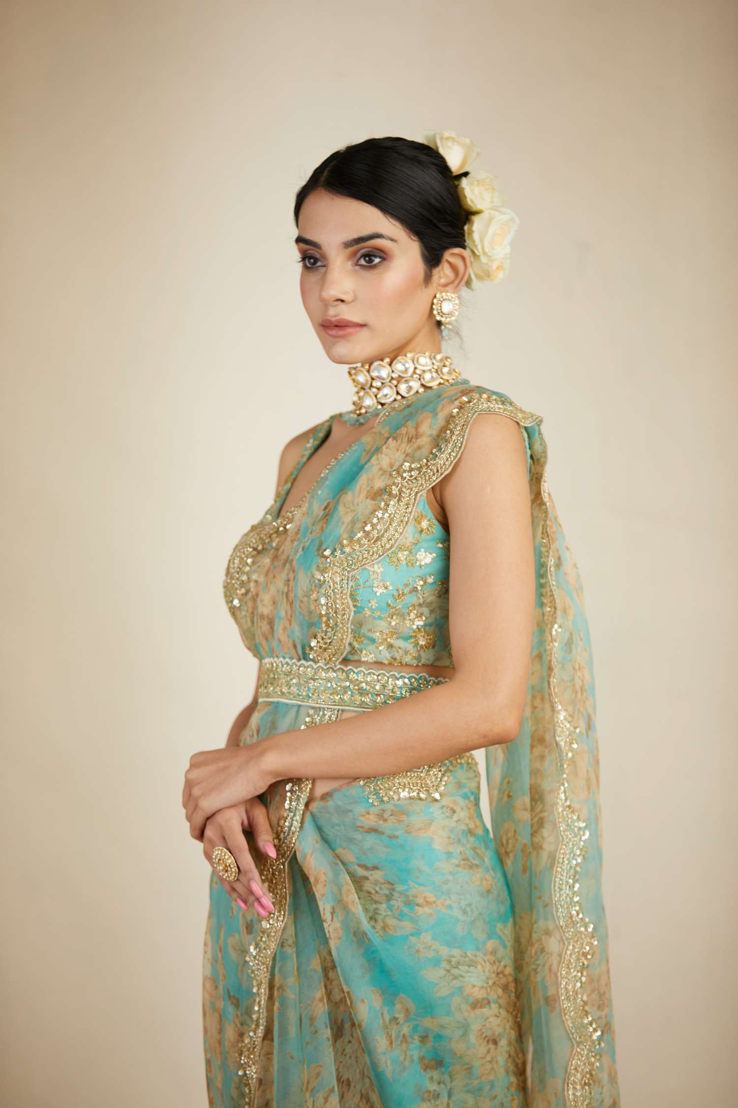 Mint Oganza Floral Saree Set