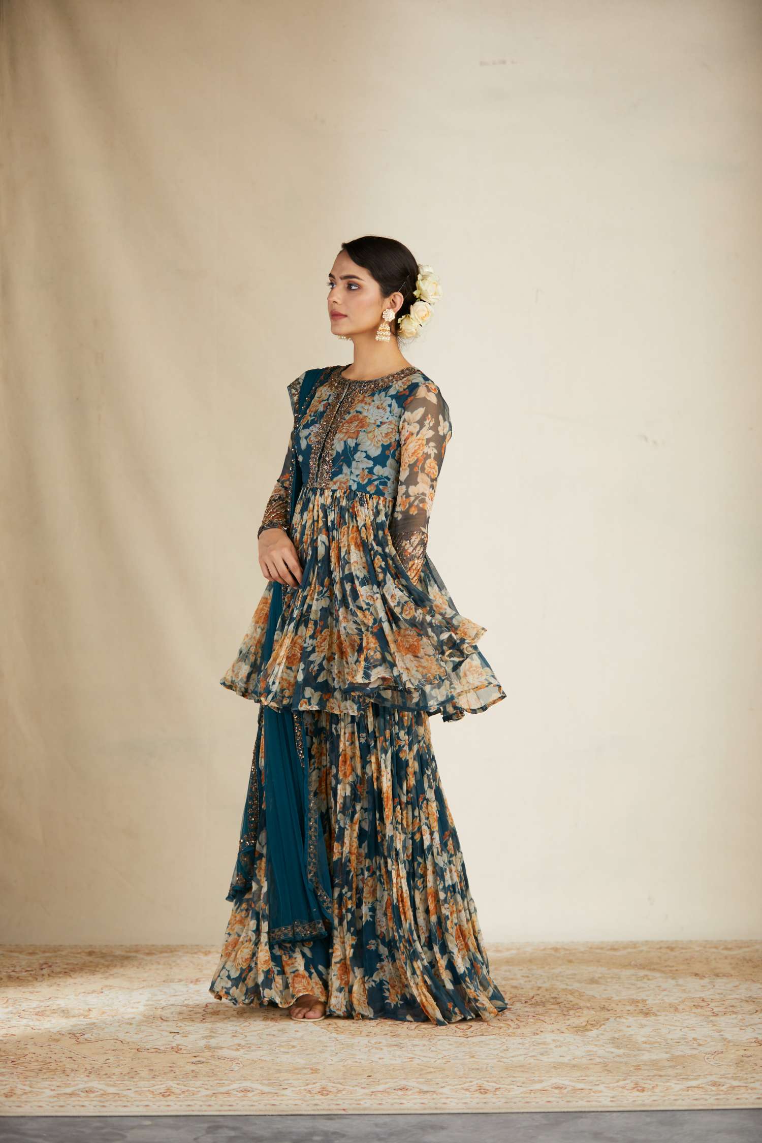 Teal Blue Chiffon Floral Peplum Set