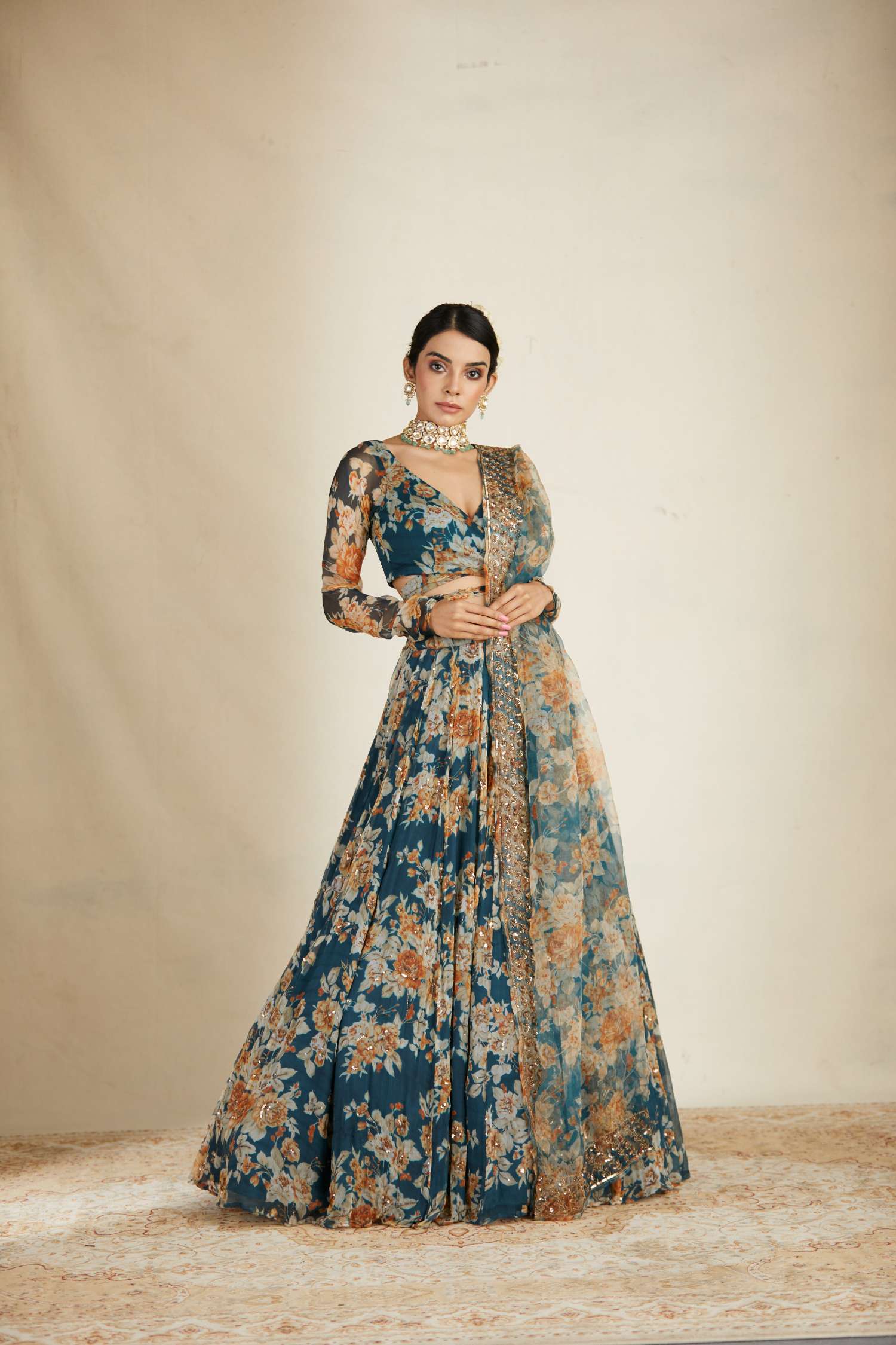 Teal Blue Chiffon Floral Lehenga Set