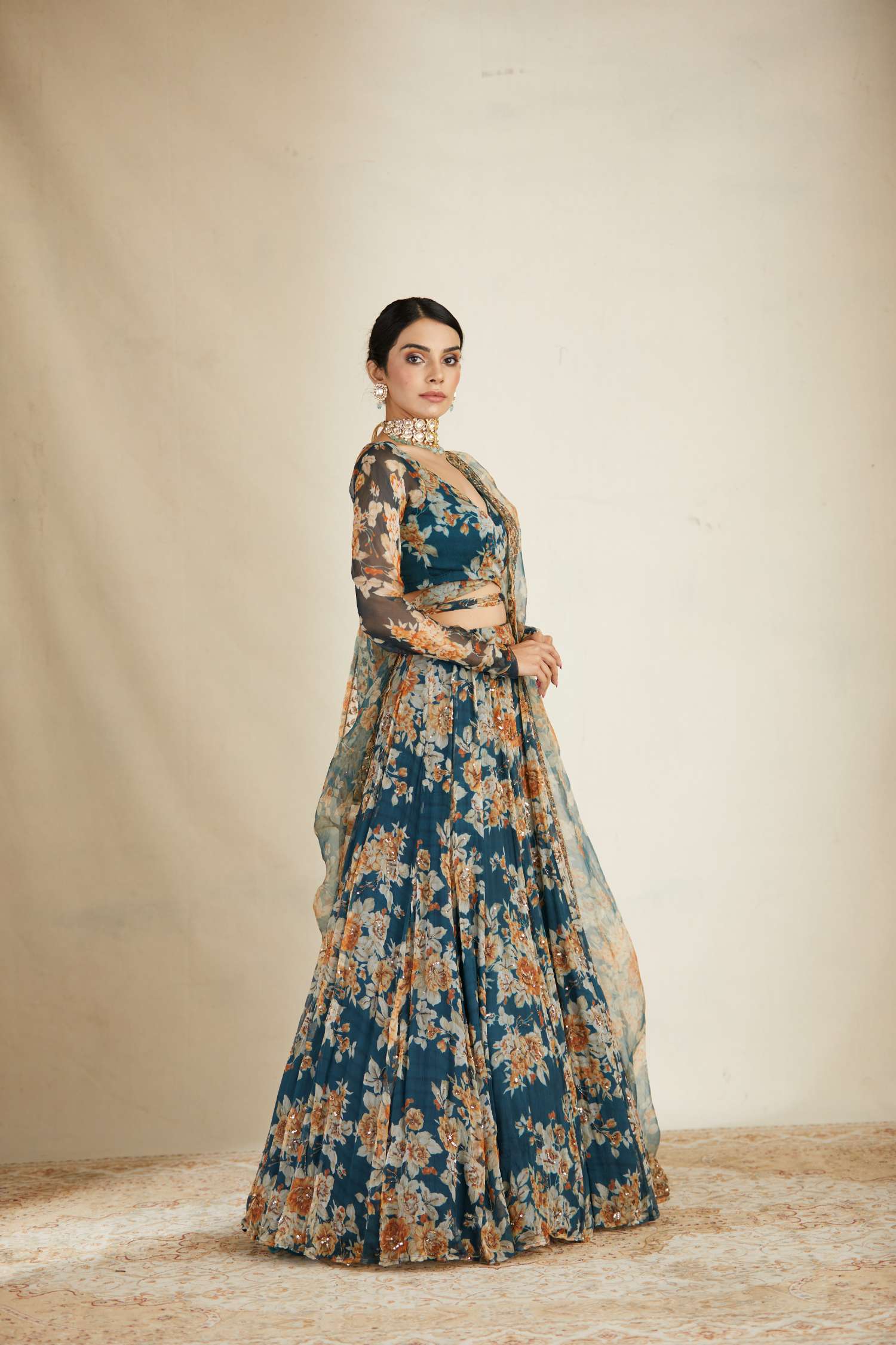 Teal Blue Chiffon Floral Lehenga Set