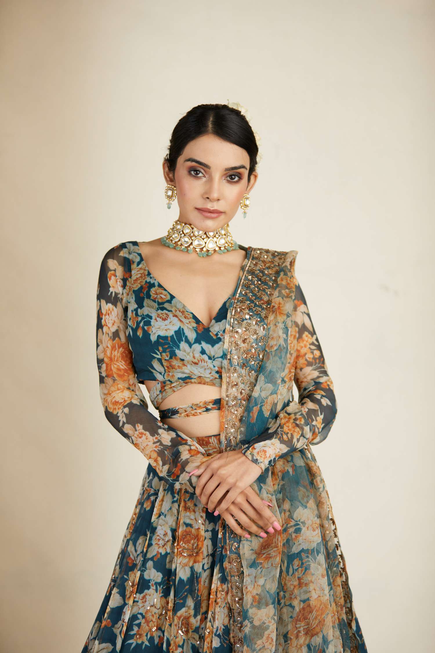 Teal Blue Chiffon Floral Lehenga Set