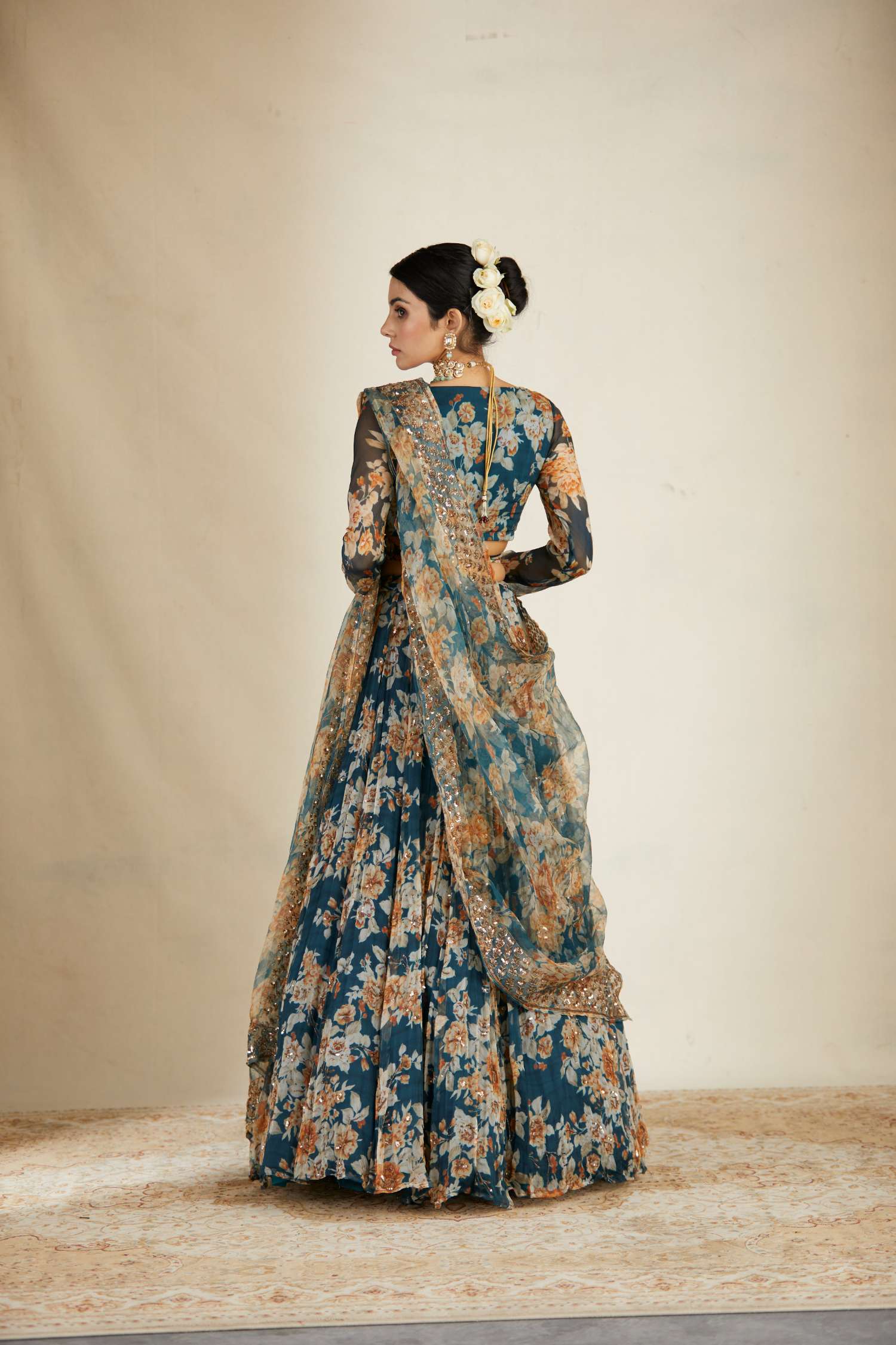 Teal Blue Chiffon Floral Lehenga Set