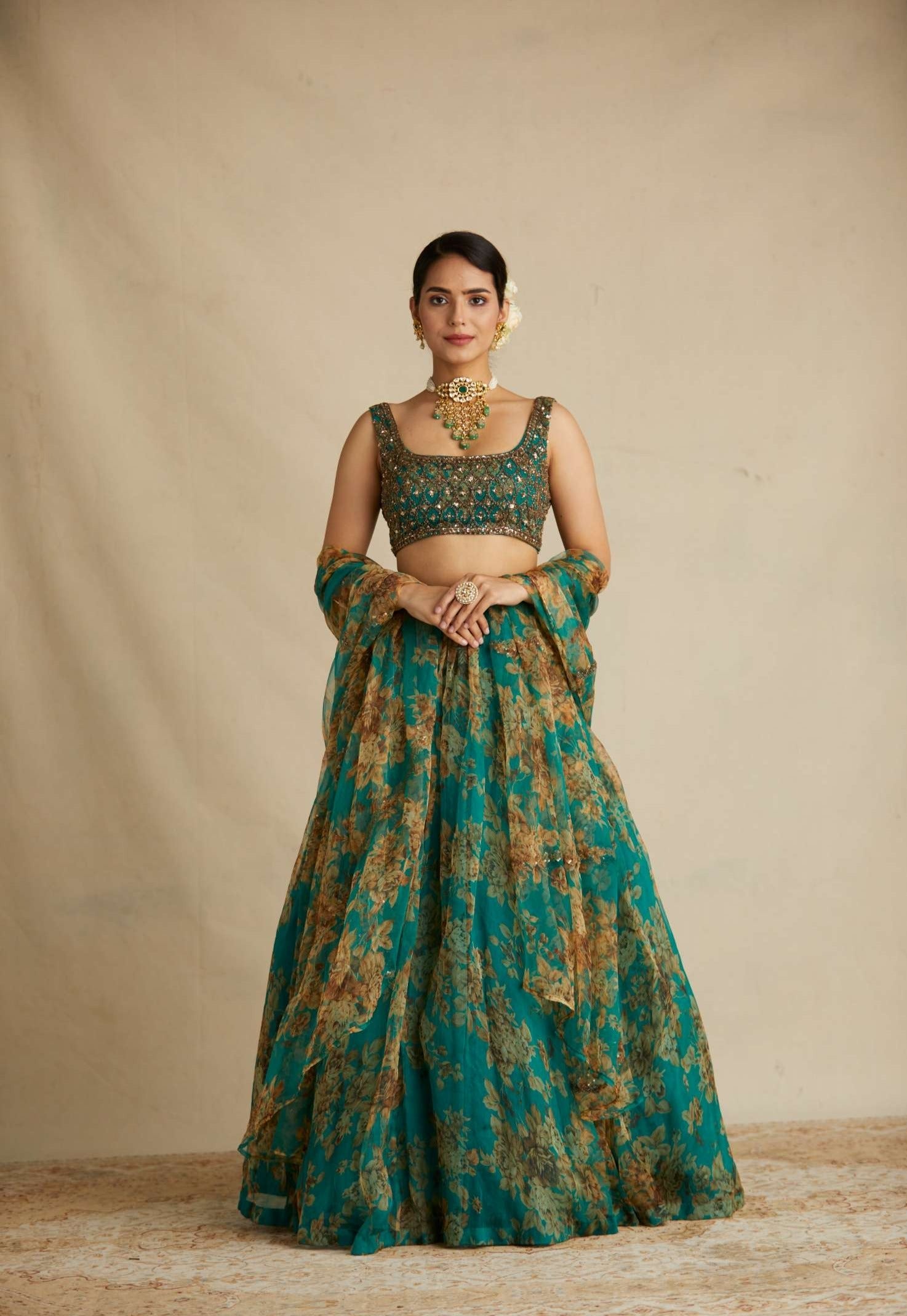 Teal Green Floral Lehenga Set