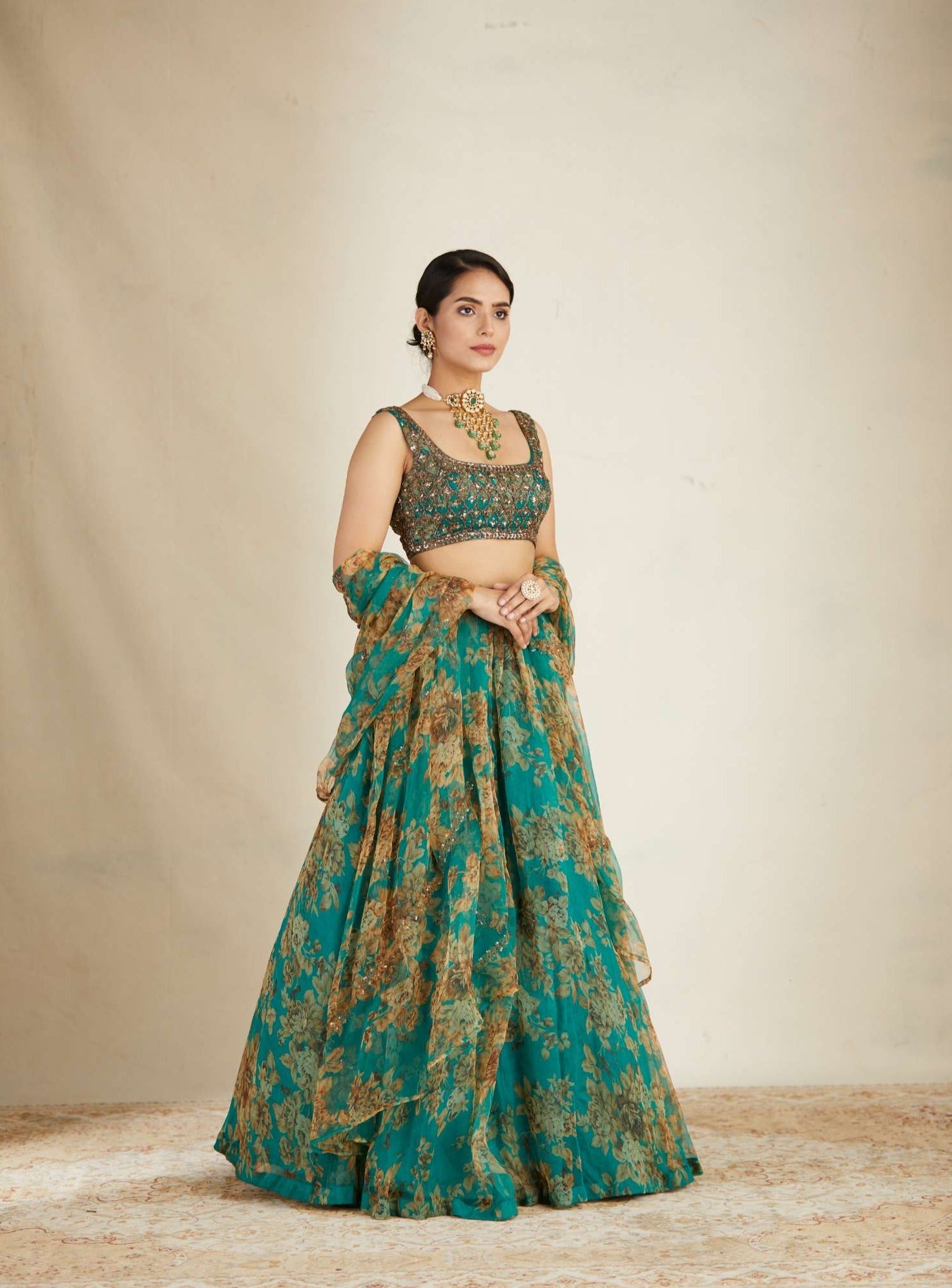 Teal Green Floral Lehenga Set