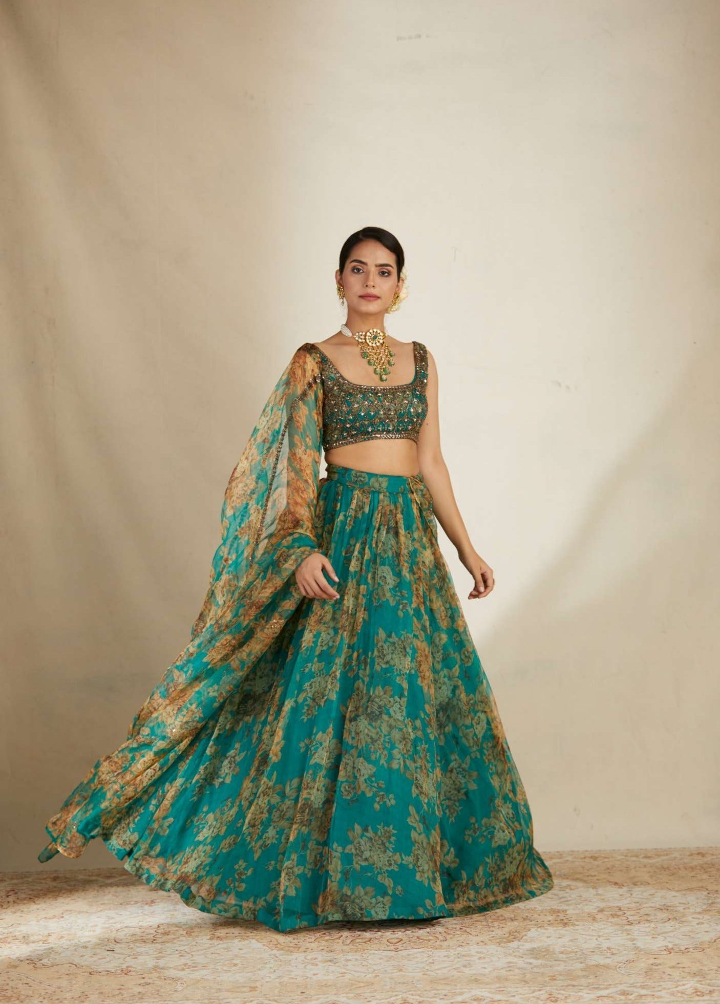 Teal Green Floral Lehenga Set