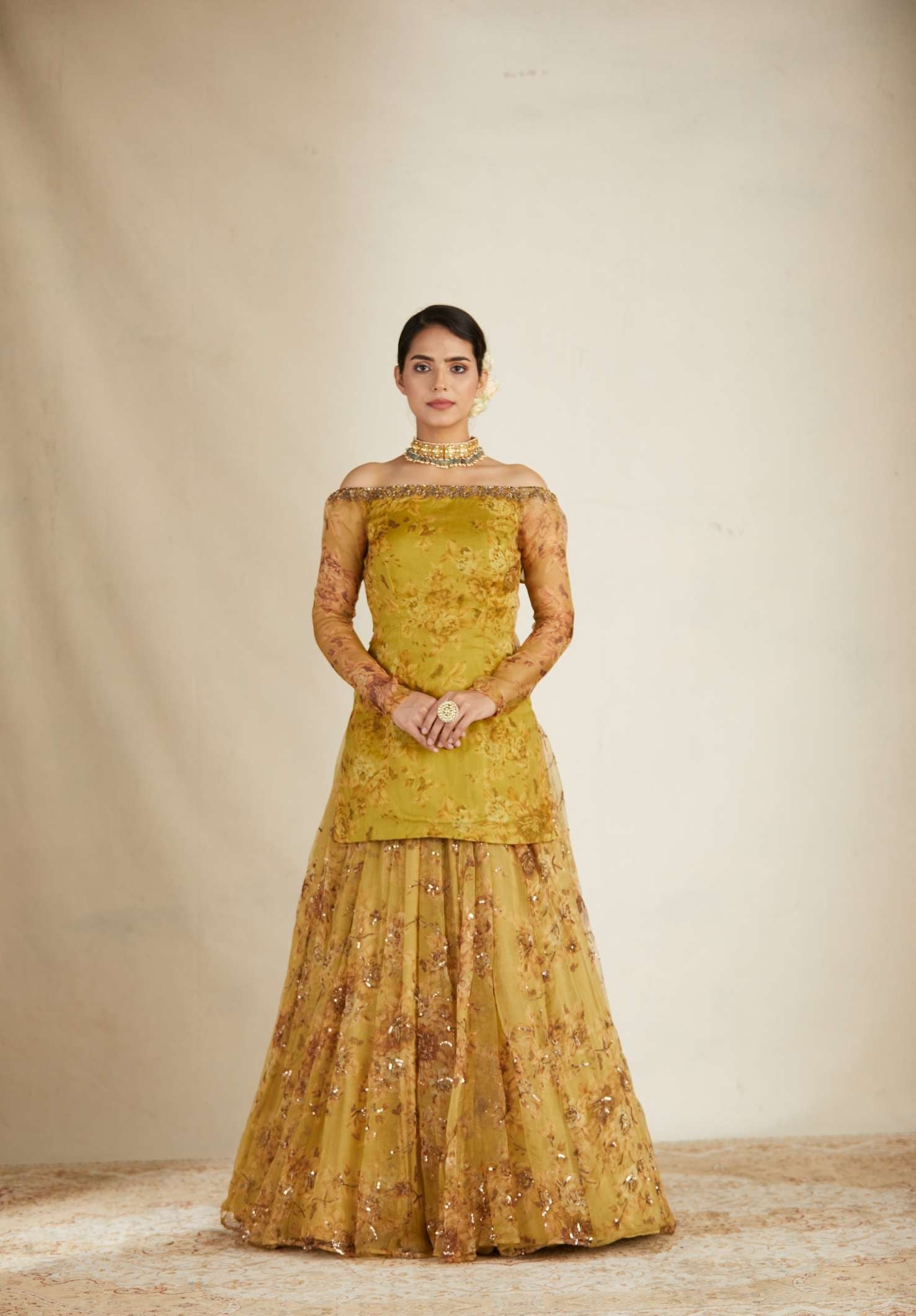 Mustard Floral Off Shoulder Kurti Skirt