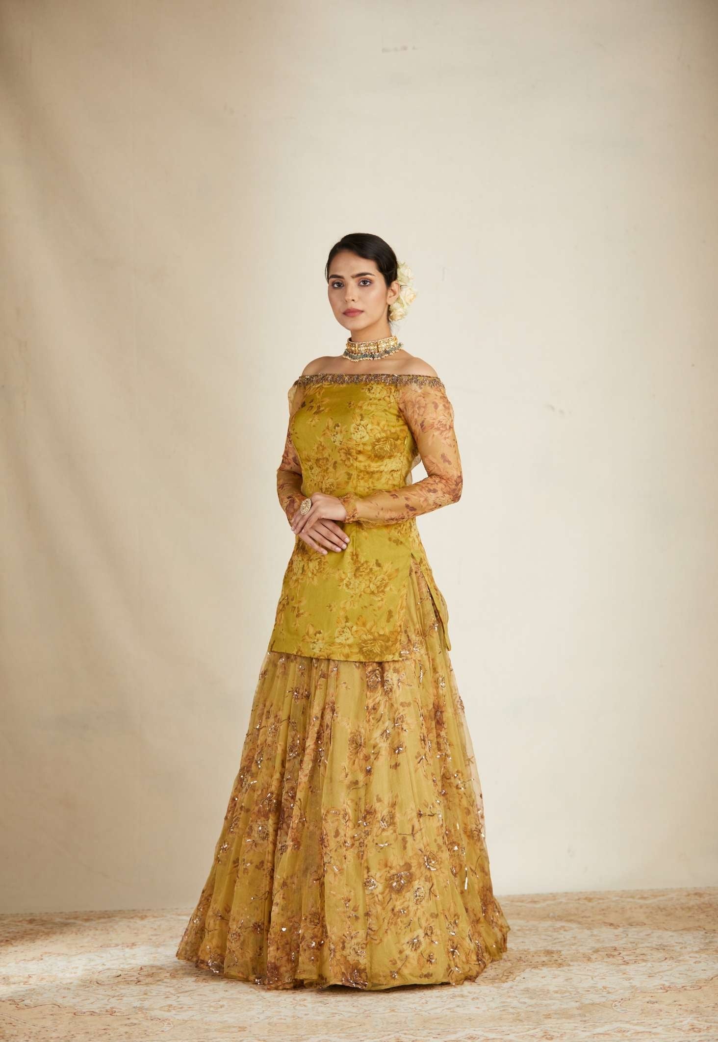 Mustard Floral Off Shoulder Kurti Skirt