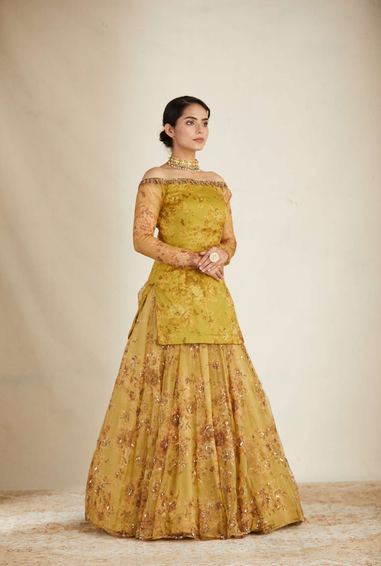 Mustard Floral Off Shoulder Kurti Skirt