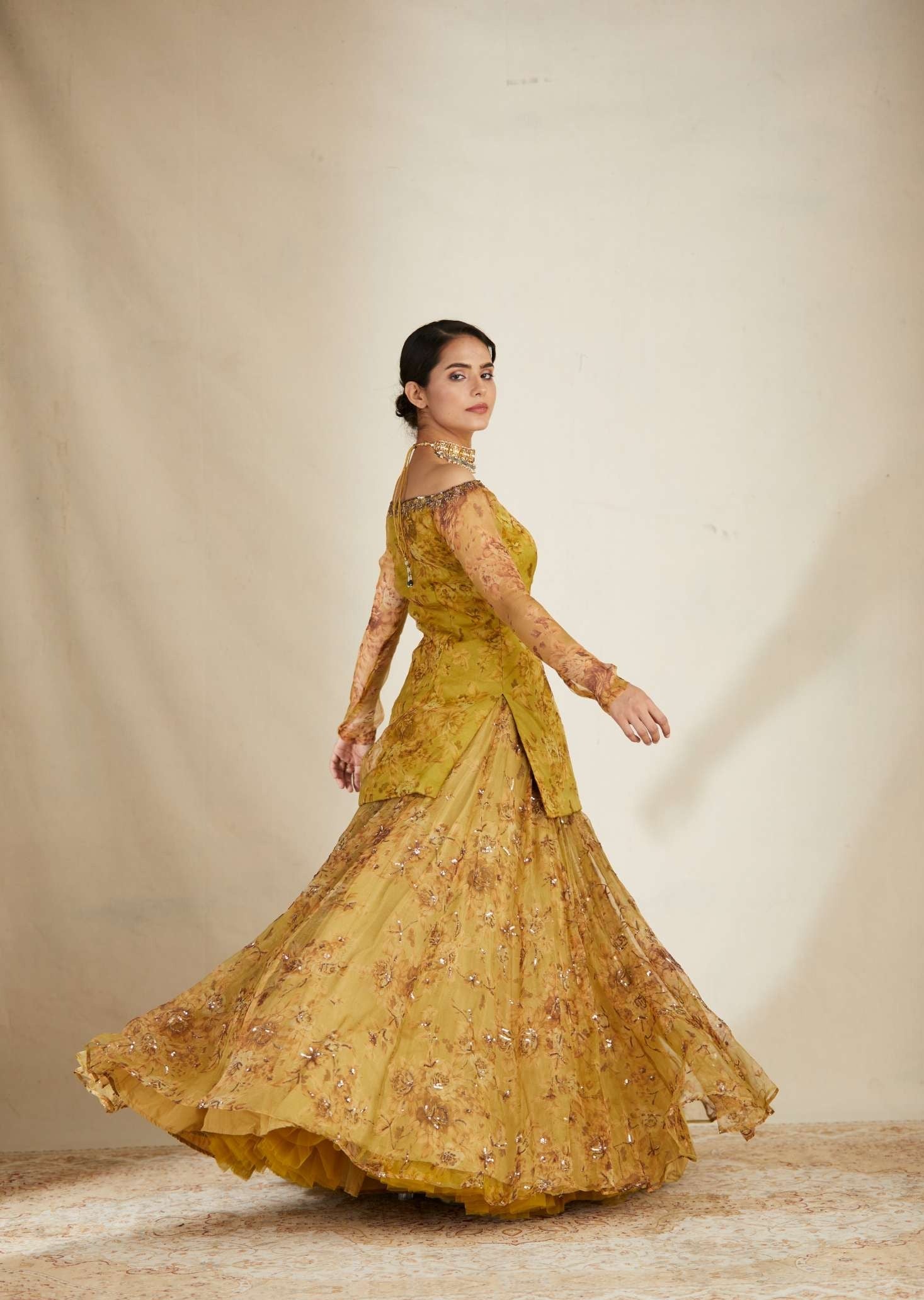Mustard Floral Off Shoulder Kurti Skirt