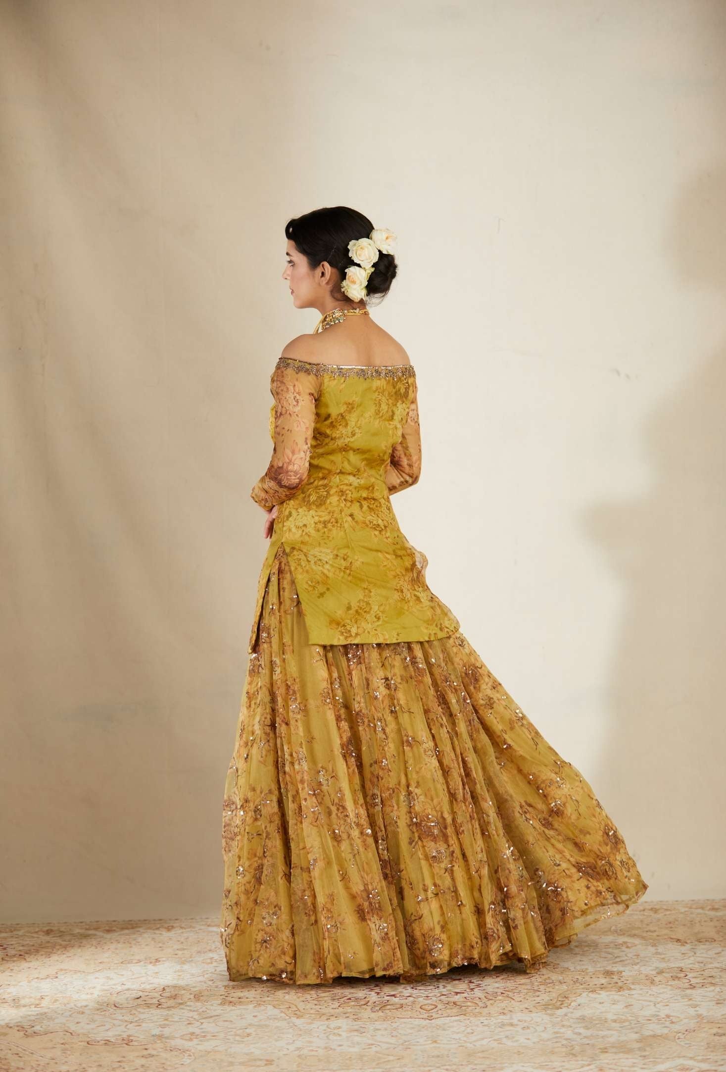 Mustard Floral Off Shoulder Kurti Skirt