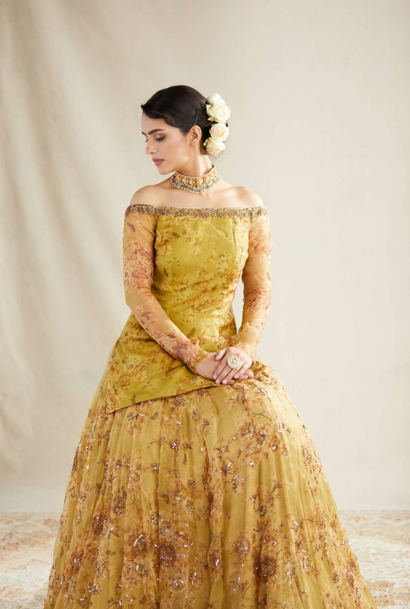 Mustard Floral Off Shoulder Kurti Skirt