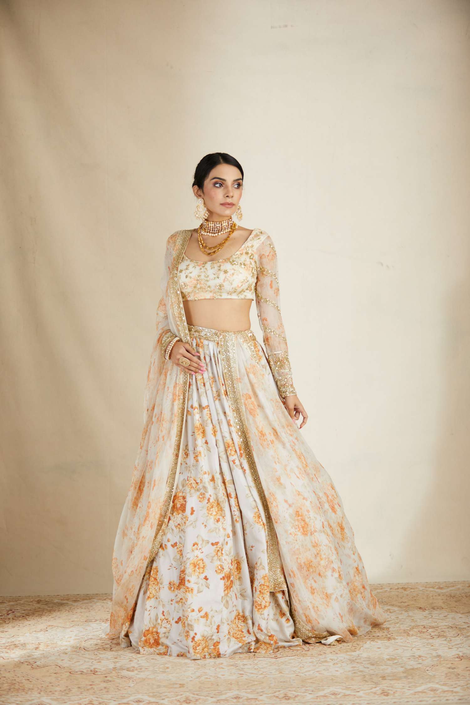 Off White Silk Floral Lehenga Set
