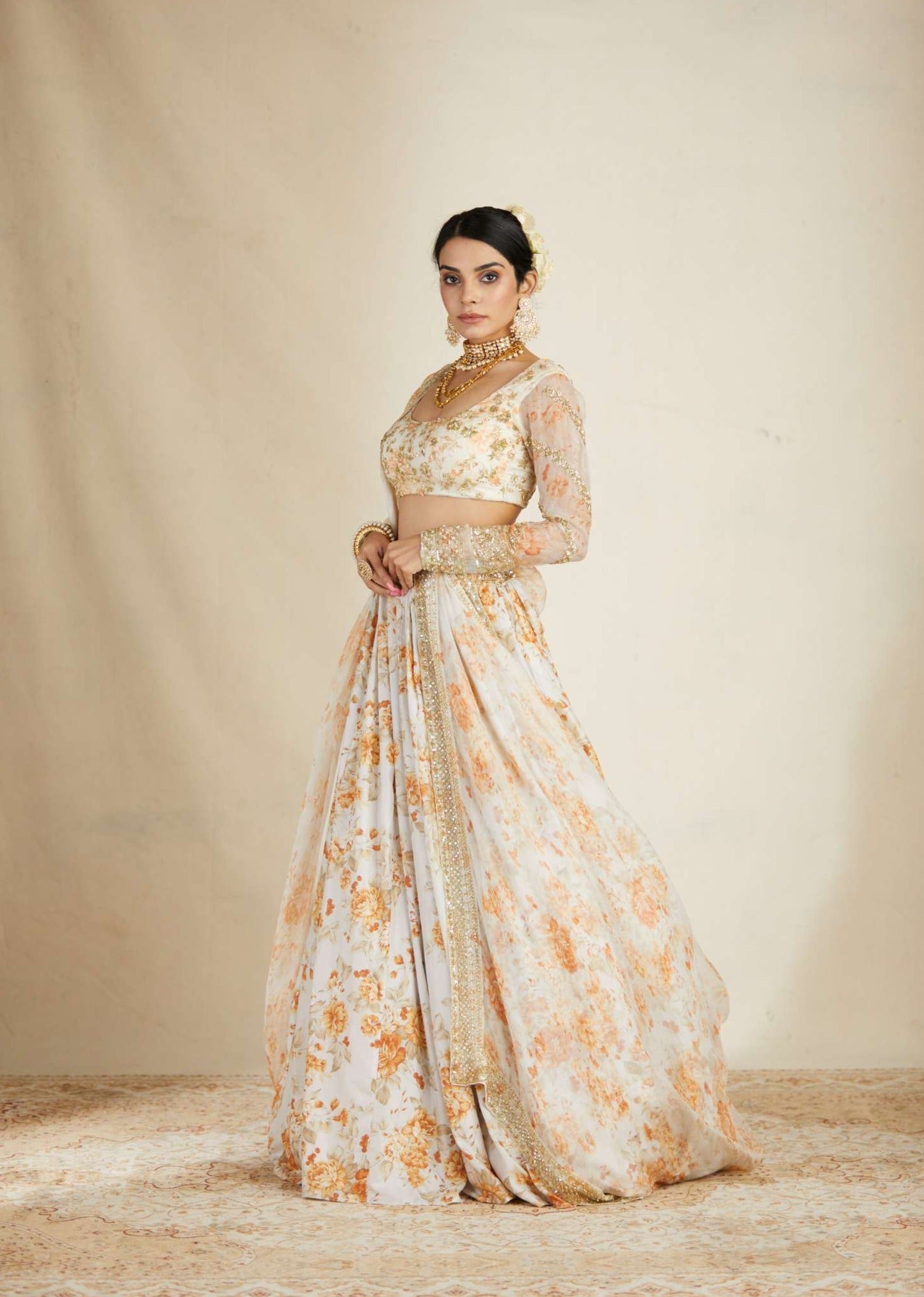 Off White Silk Floral Lehenga Set