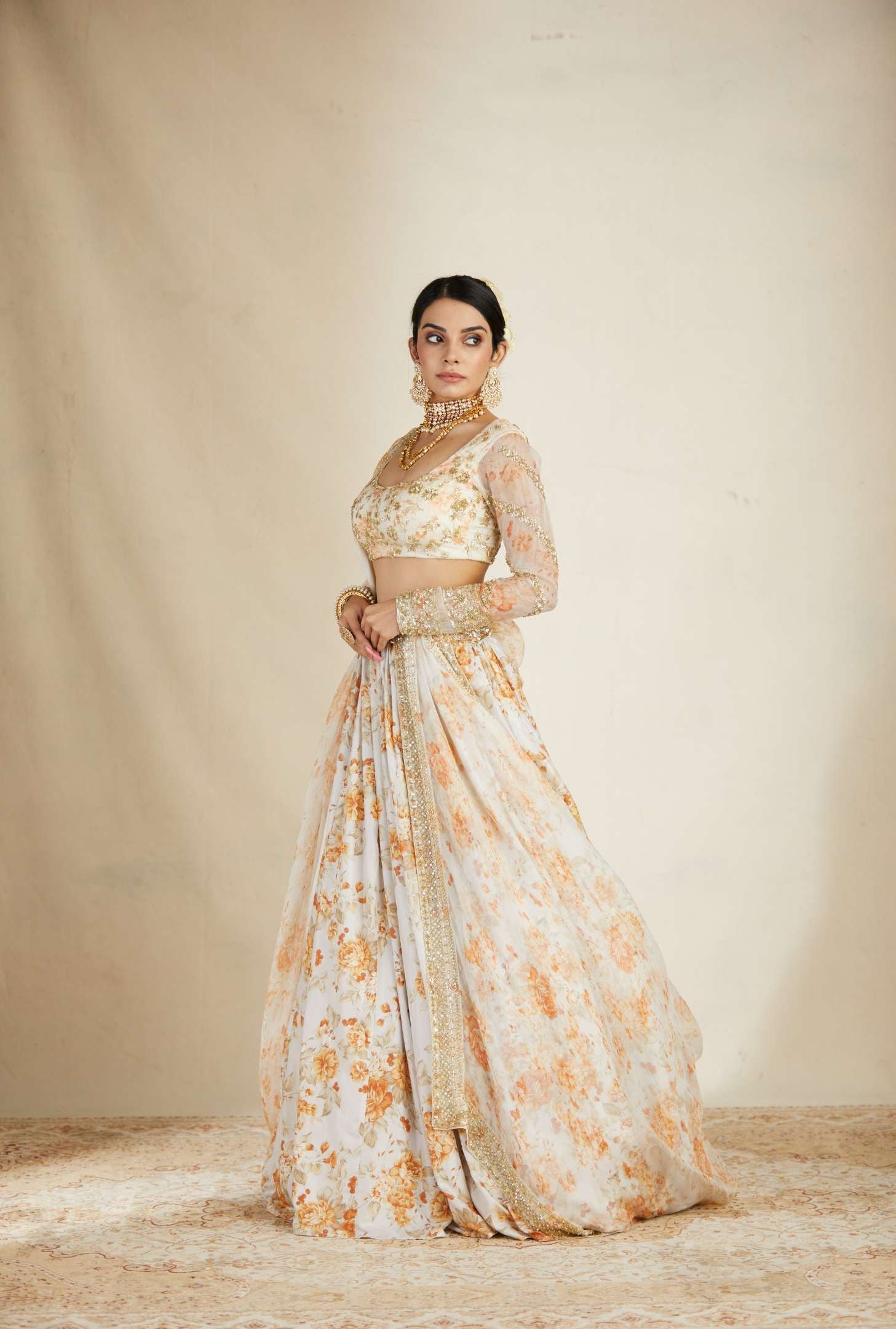 Off White Silk Floral Lehenga Set