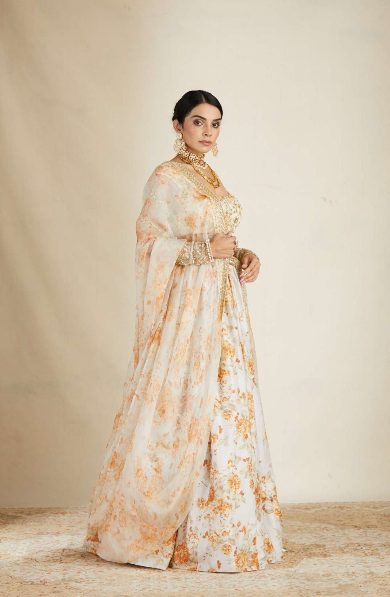 Off White Silk Floral Lehenga Set