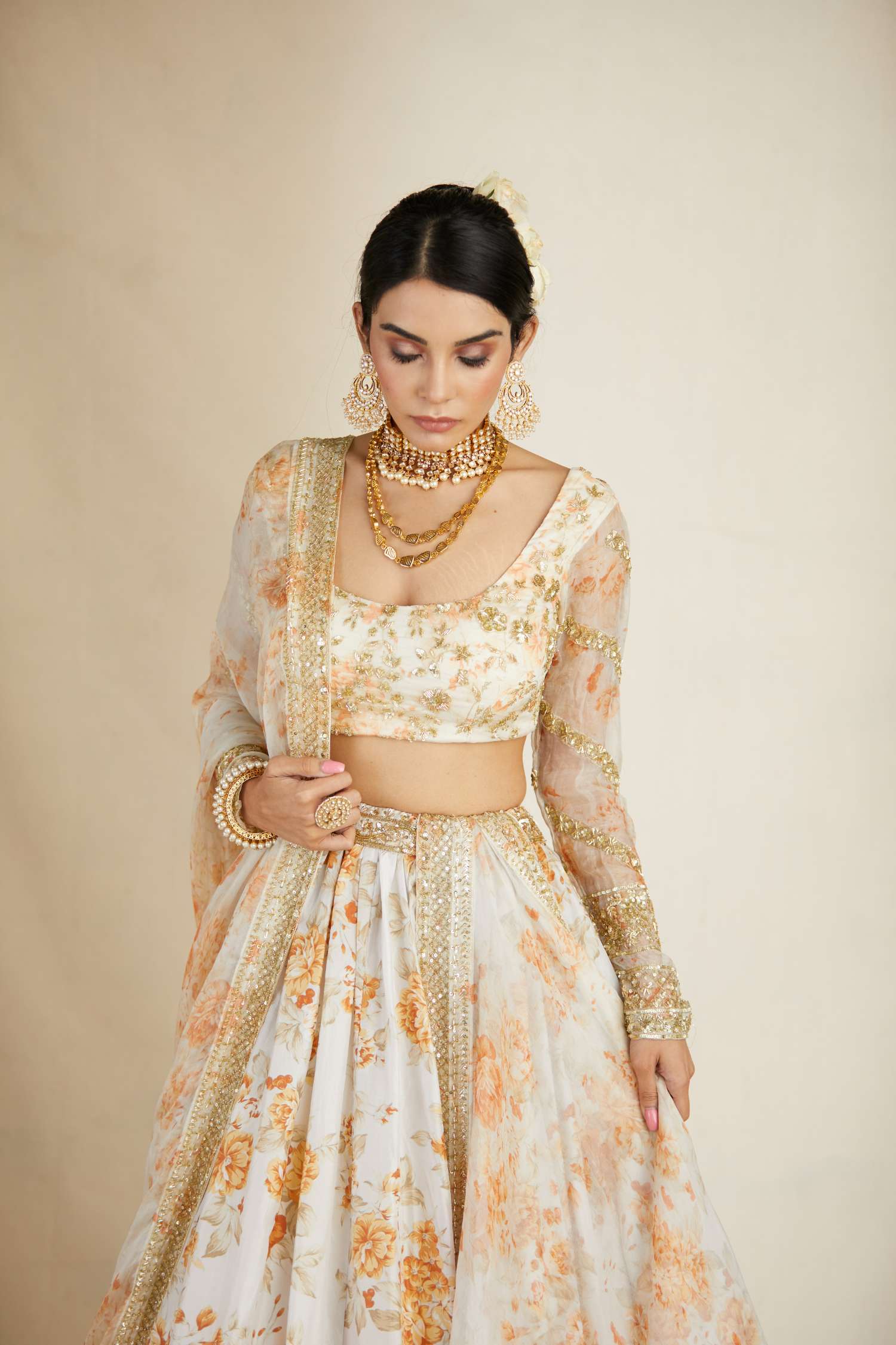Off White Silk Floral Lehenga Set