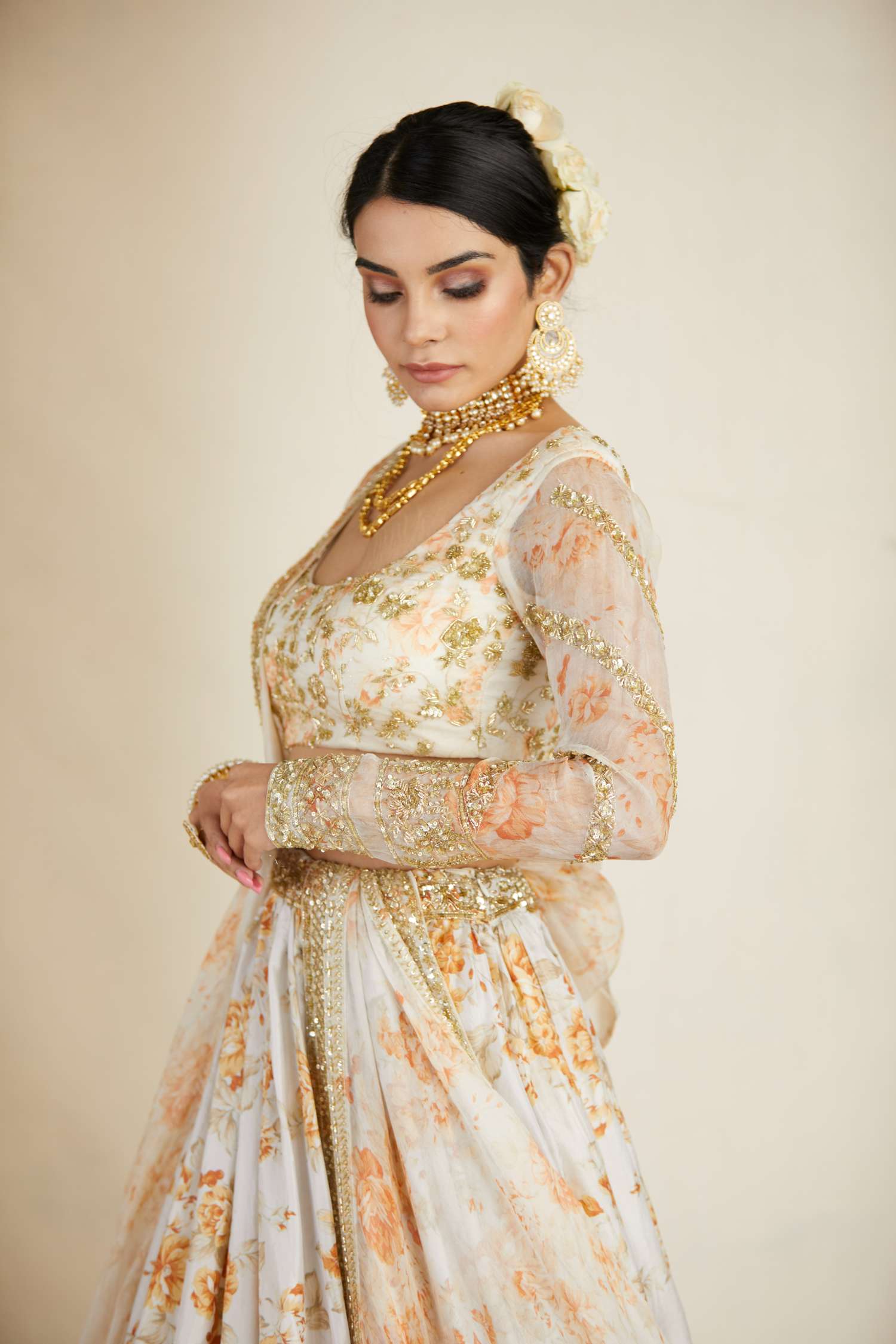 Off White Silk Floral Lehenga Set