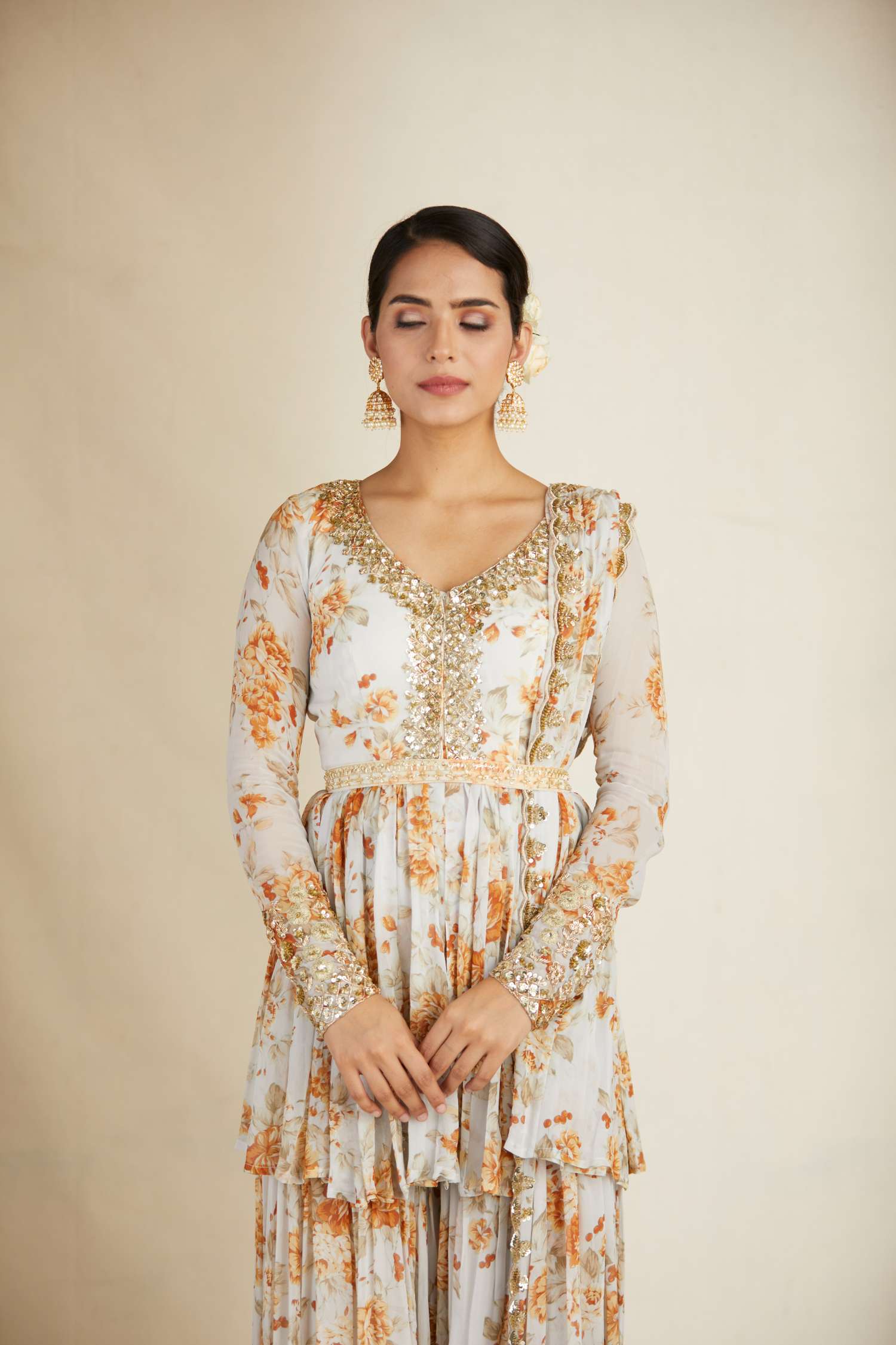 Off White Floral Peplum Set