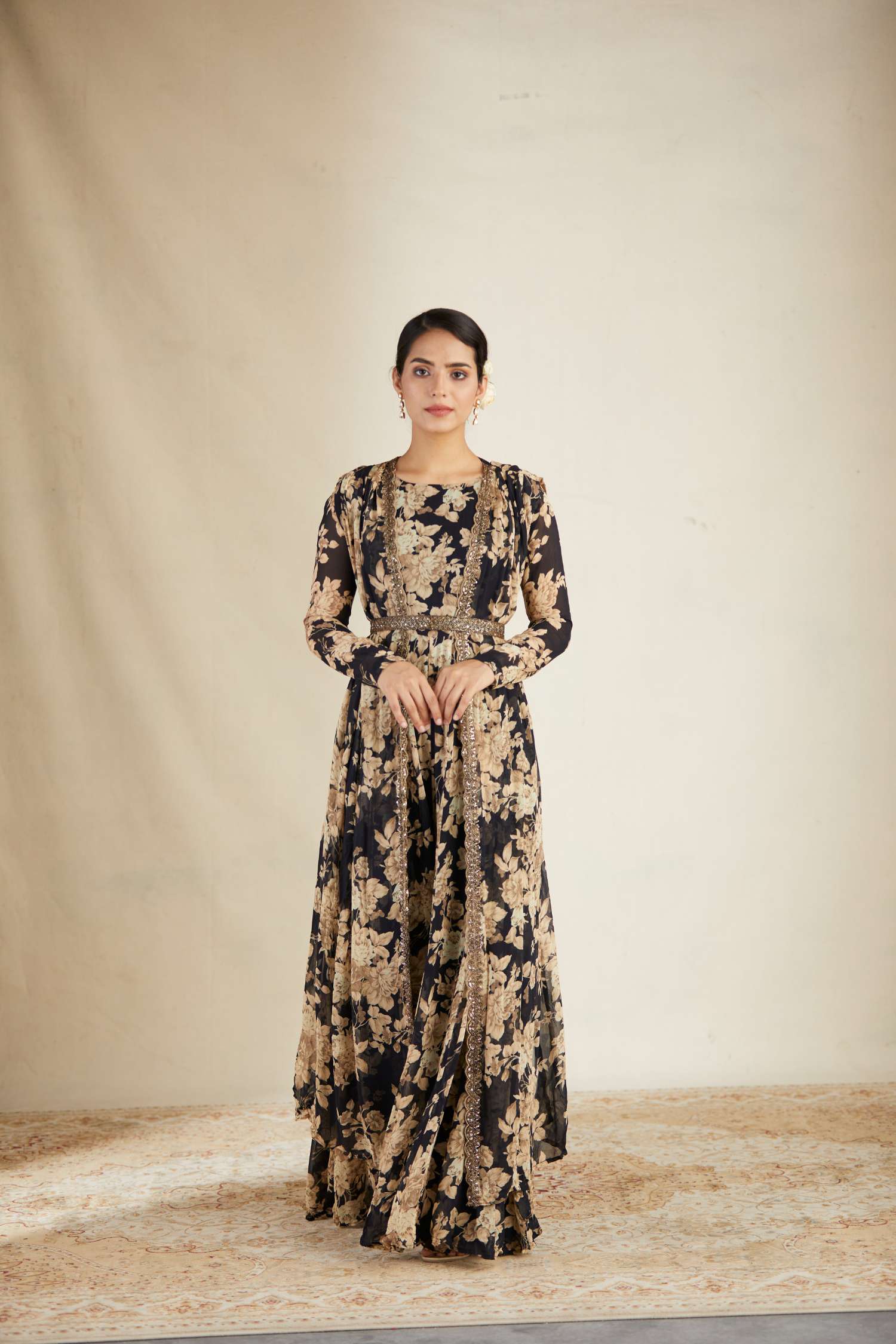 Black Floral Jumpsuit With Cape Set