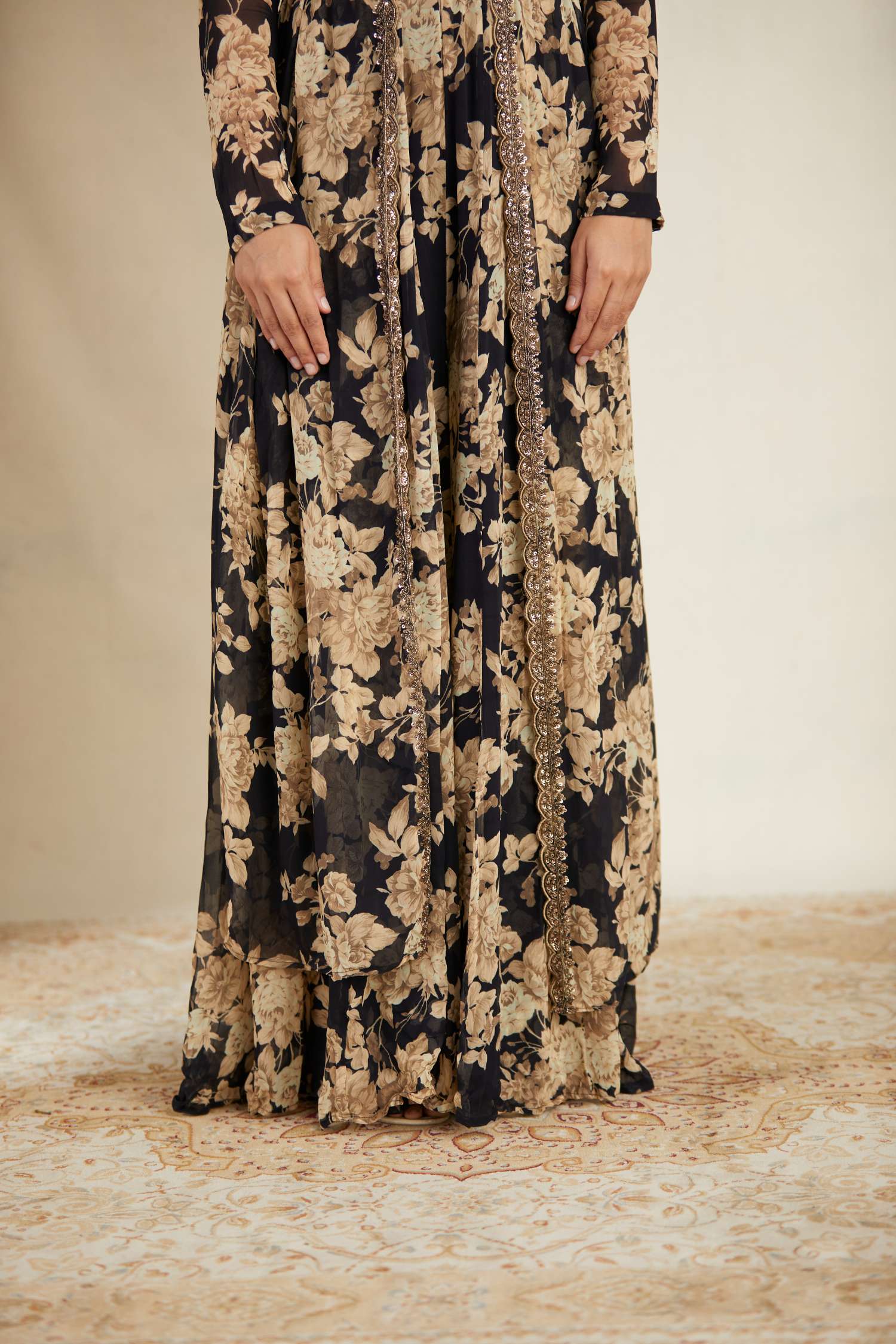 Black Floral Jumpsuit With Cape Set