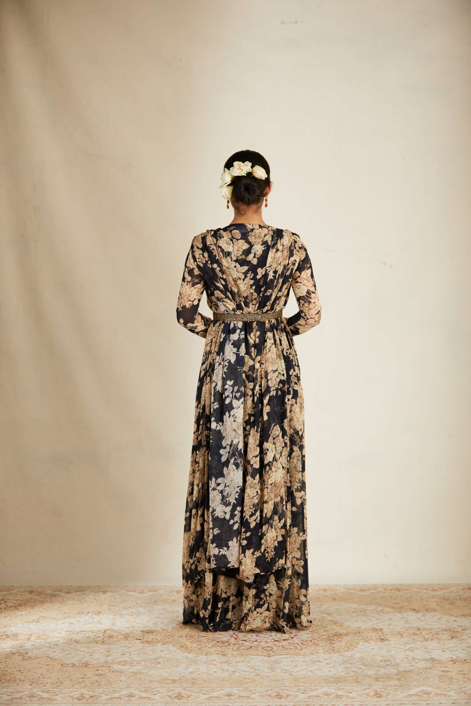Black Floral Jumpsuit With Cape Set