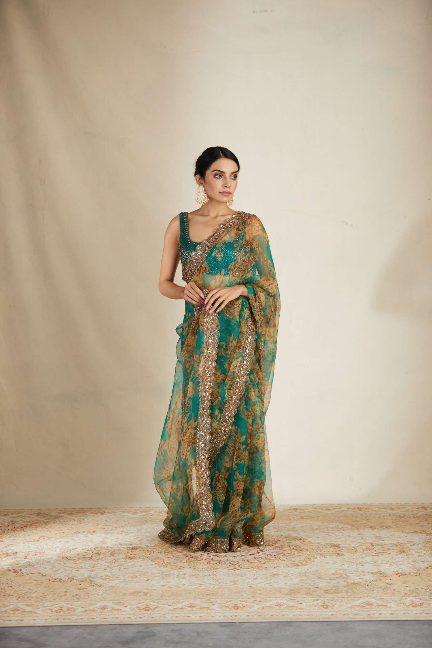 Teal Green Floral Saree Set
