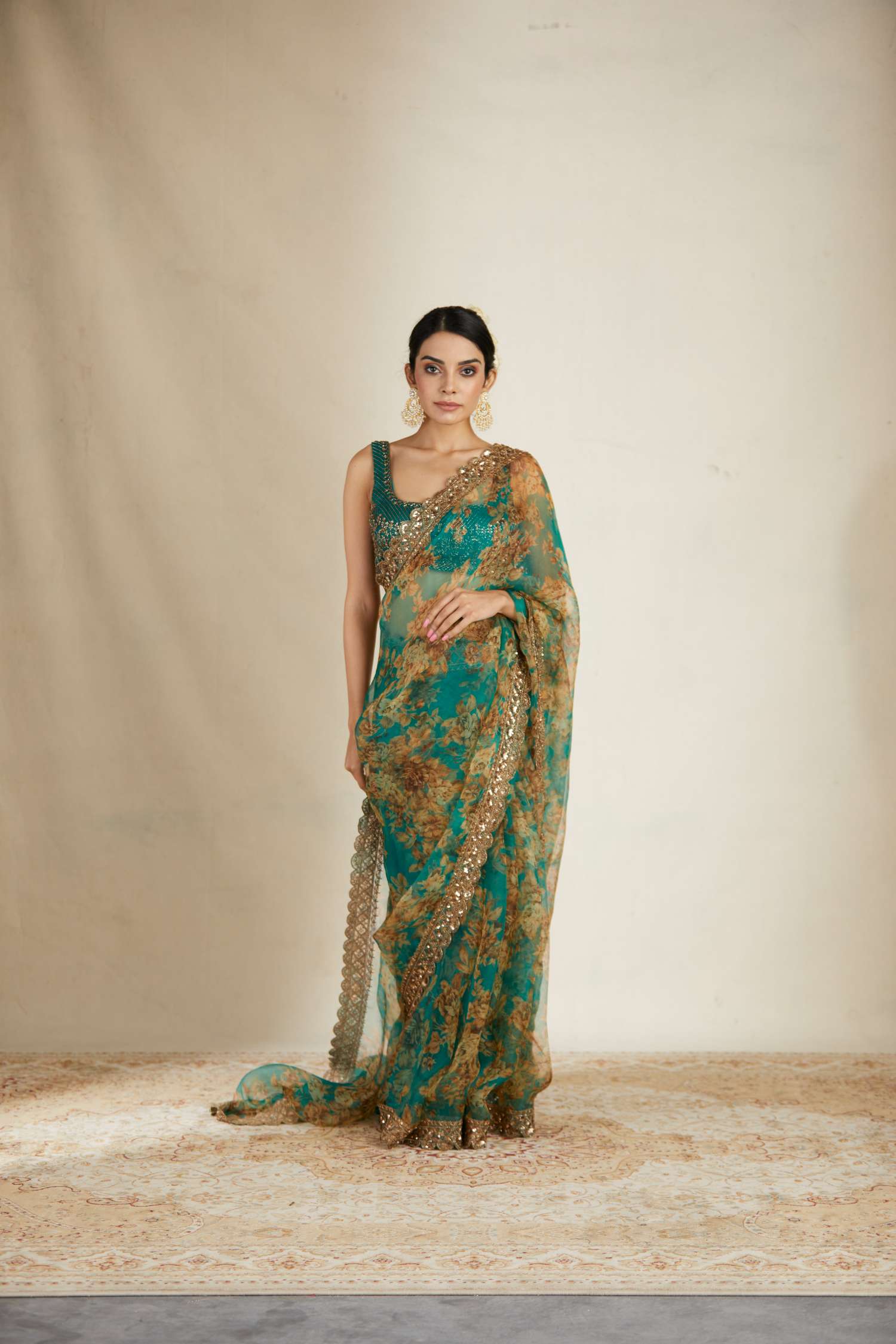 Teal Green Floral Saree Set