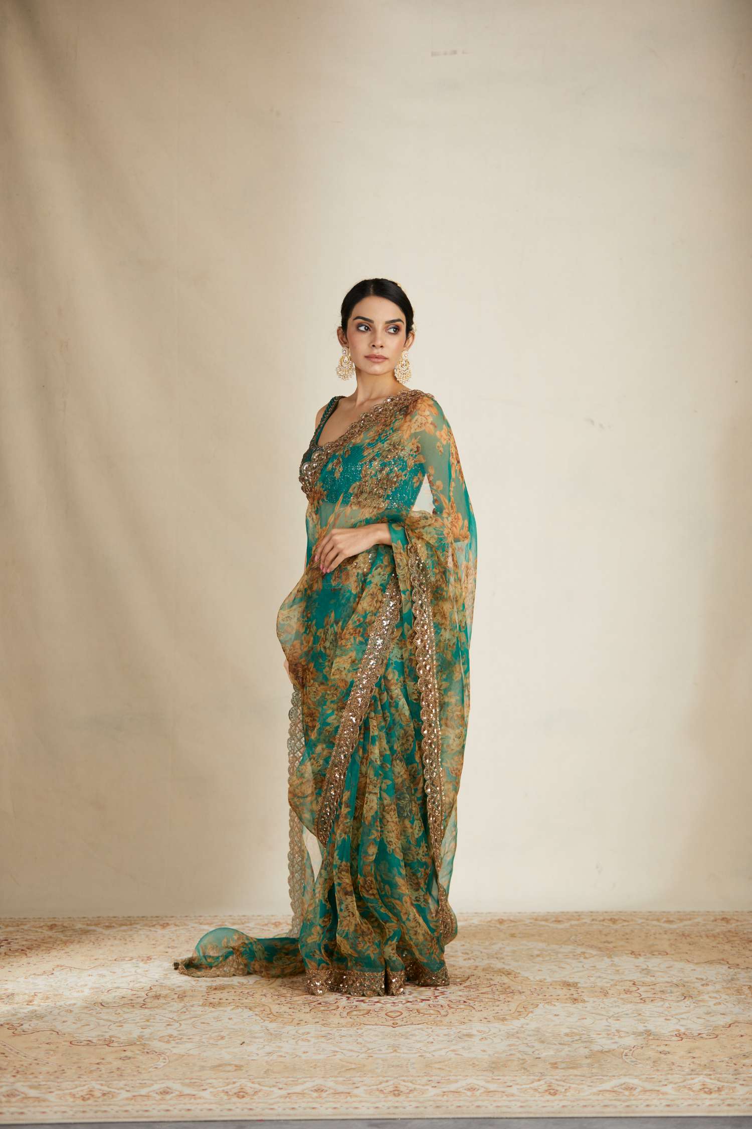 Teal Green Floral Saree Set