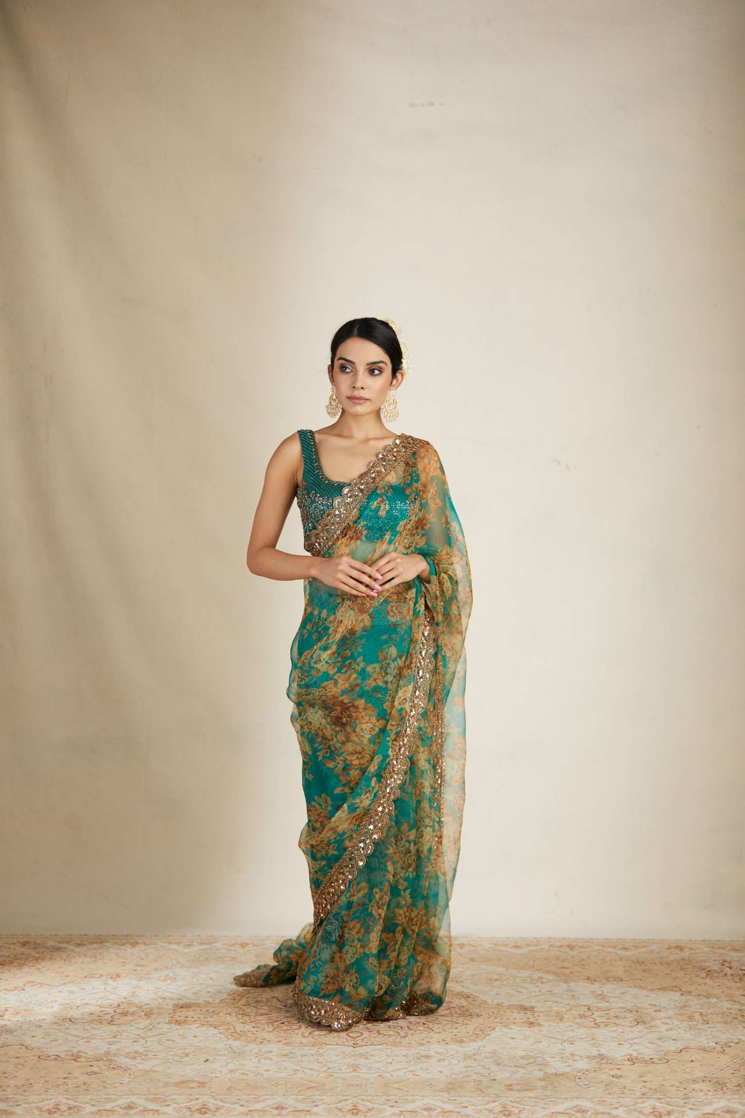 Teal Green Floral Saree Set