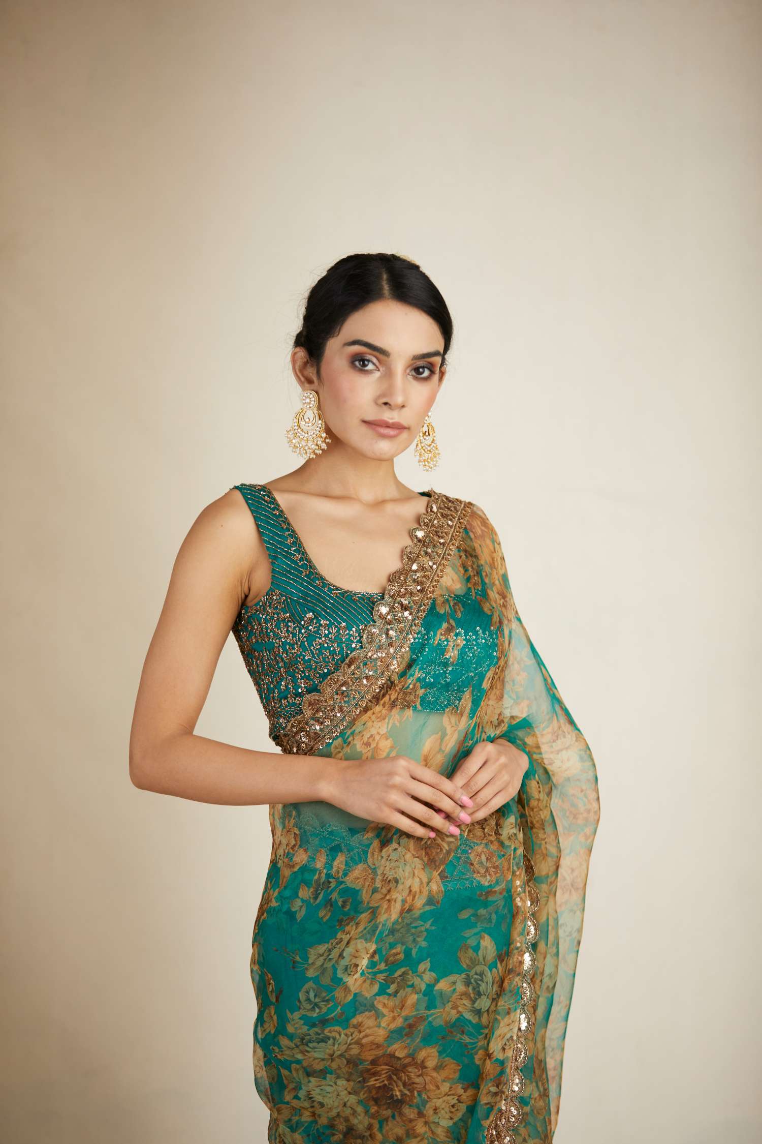 Teal Green Floral Saree Set
