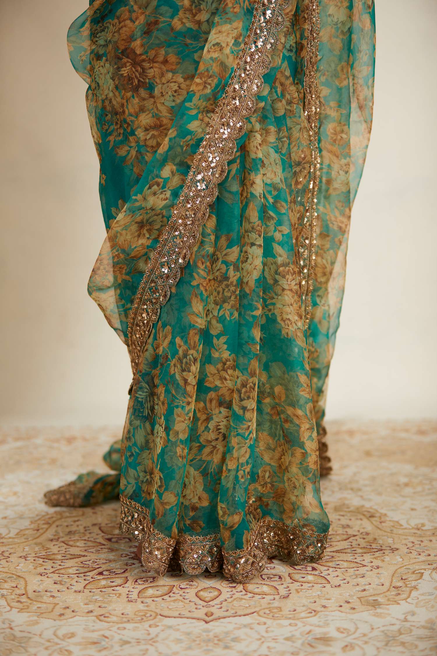 Teal Green Floral Saree Set