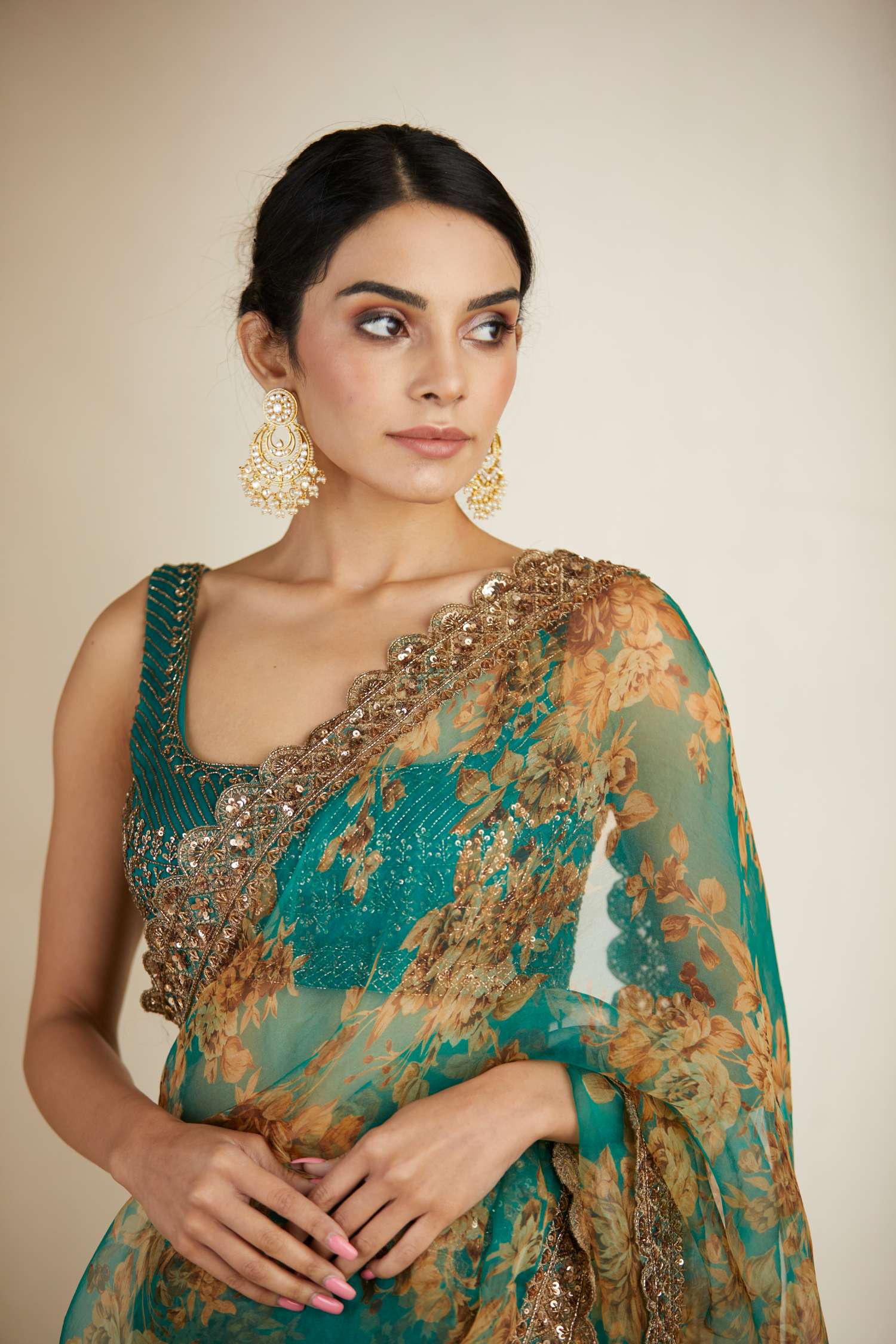Teal Green Floral Saree Set