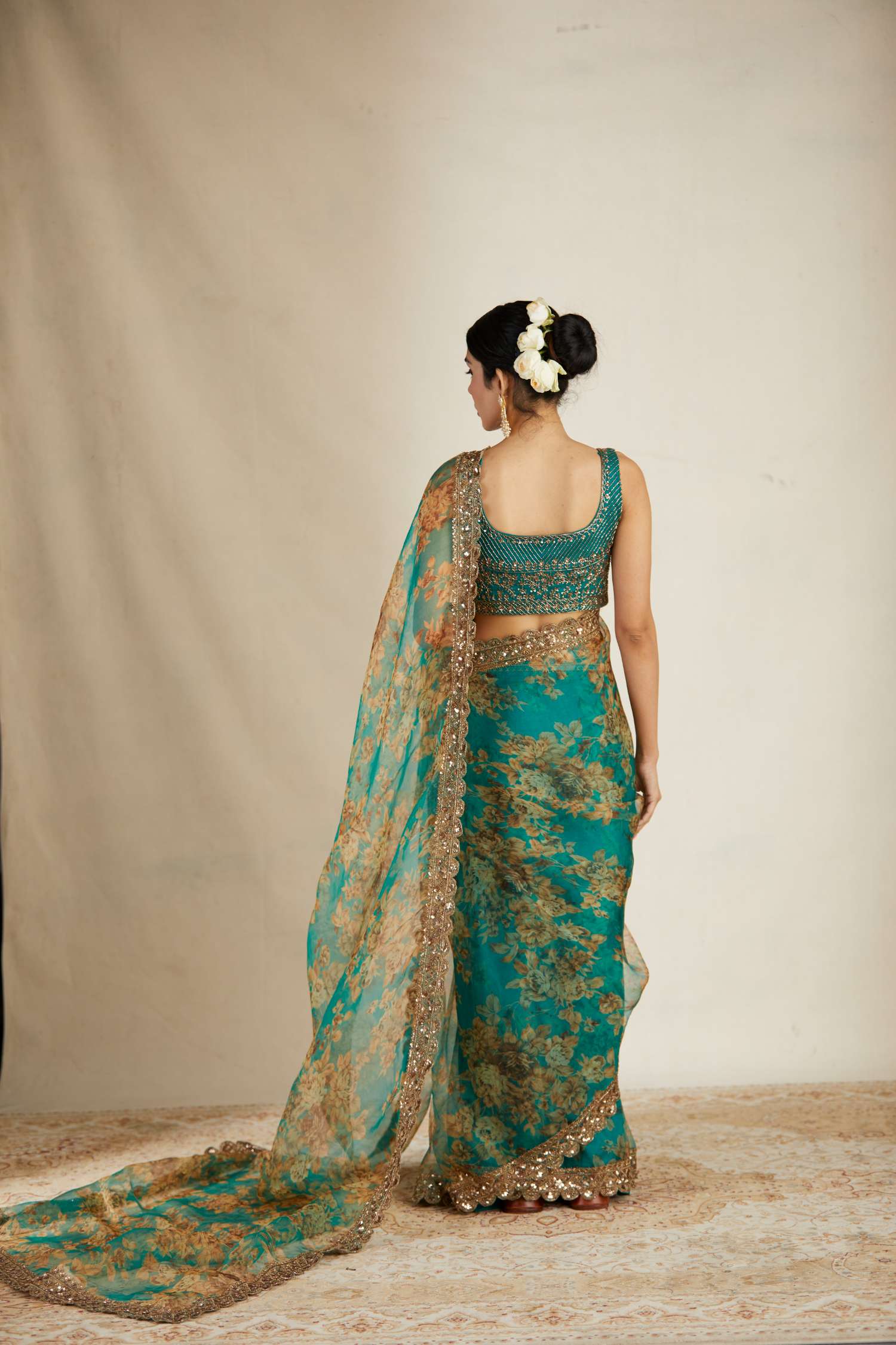 Teal Green Floral Saree Set