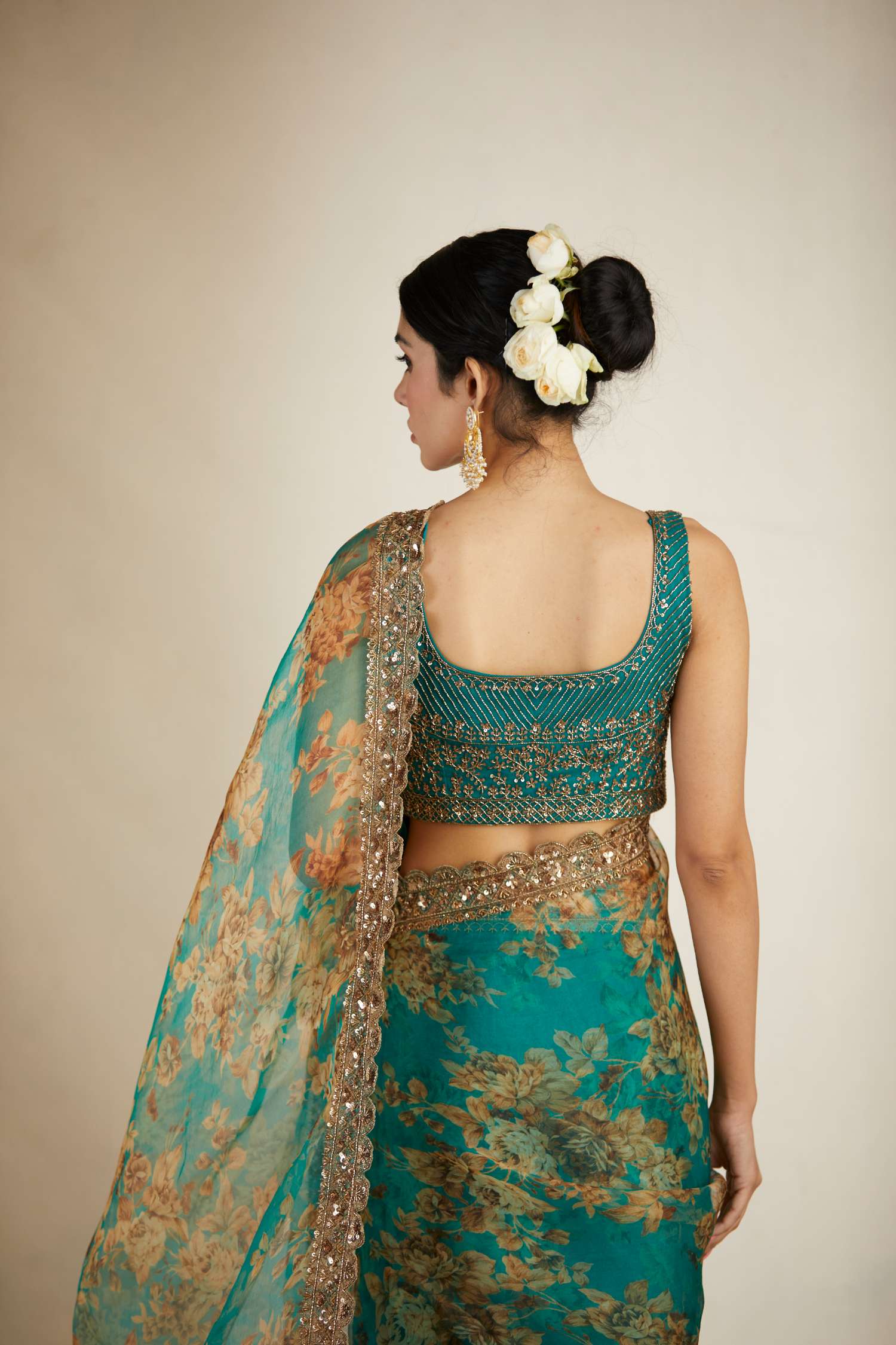 Teal Green Floral Saree Set