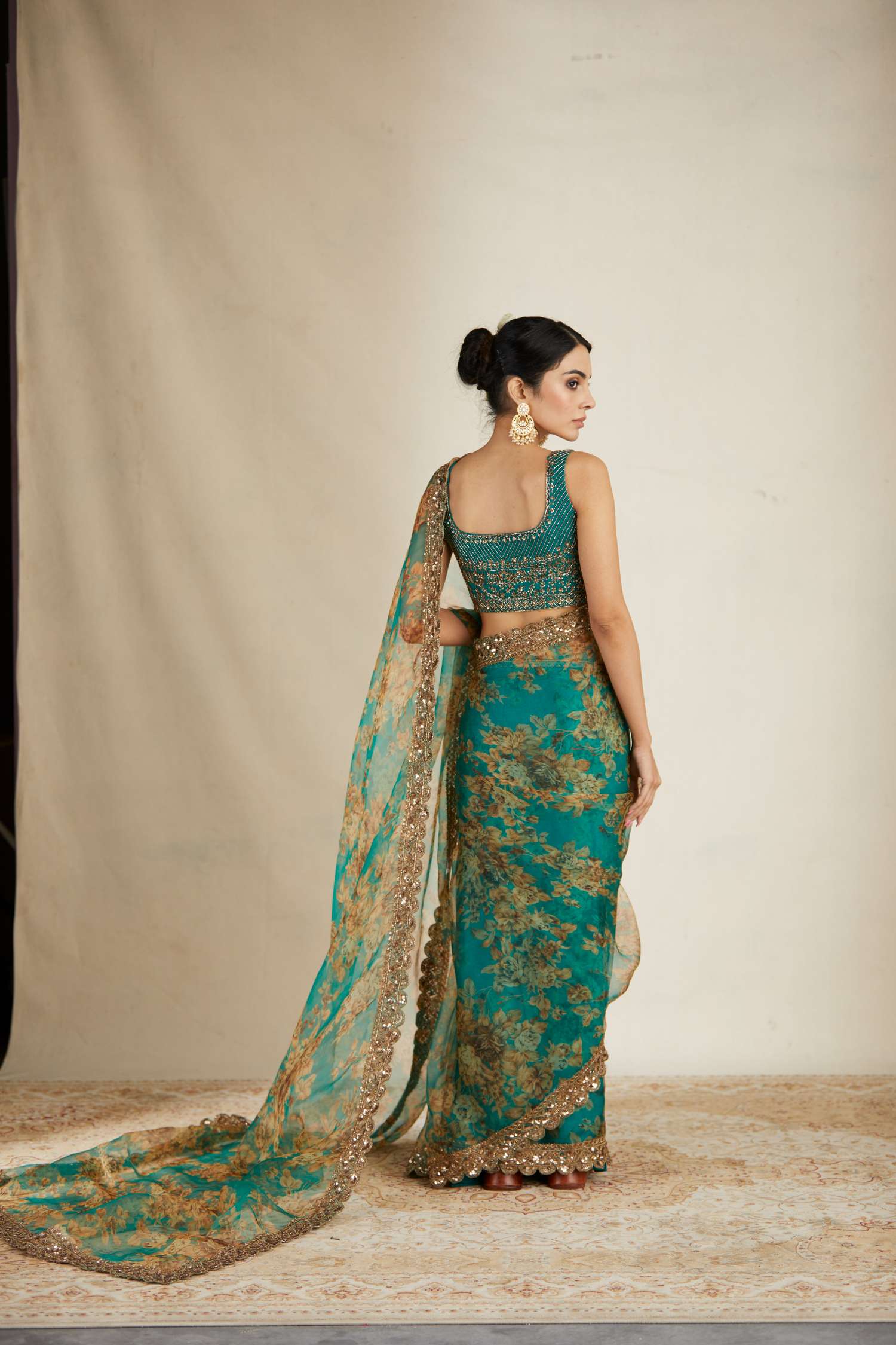 Teal Green Floral Saree Set