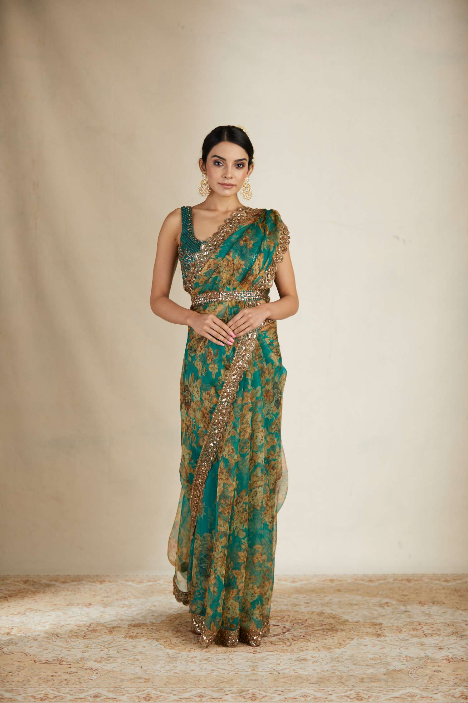 Teal Green Floral Saree Set