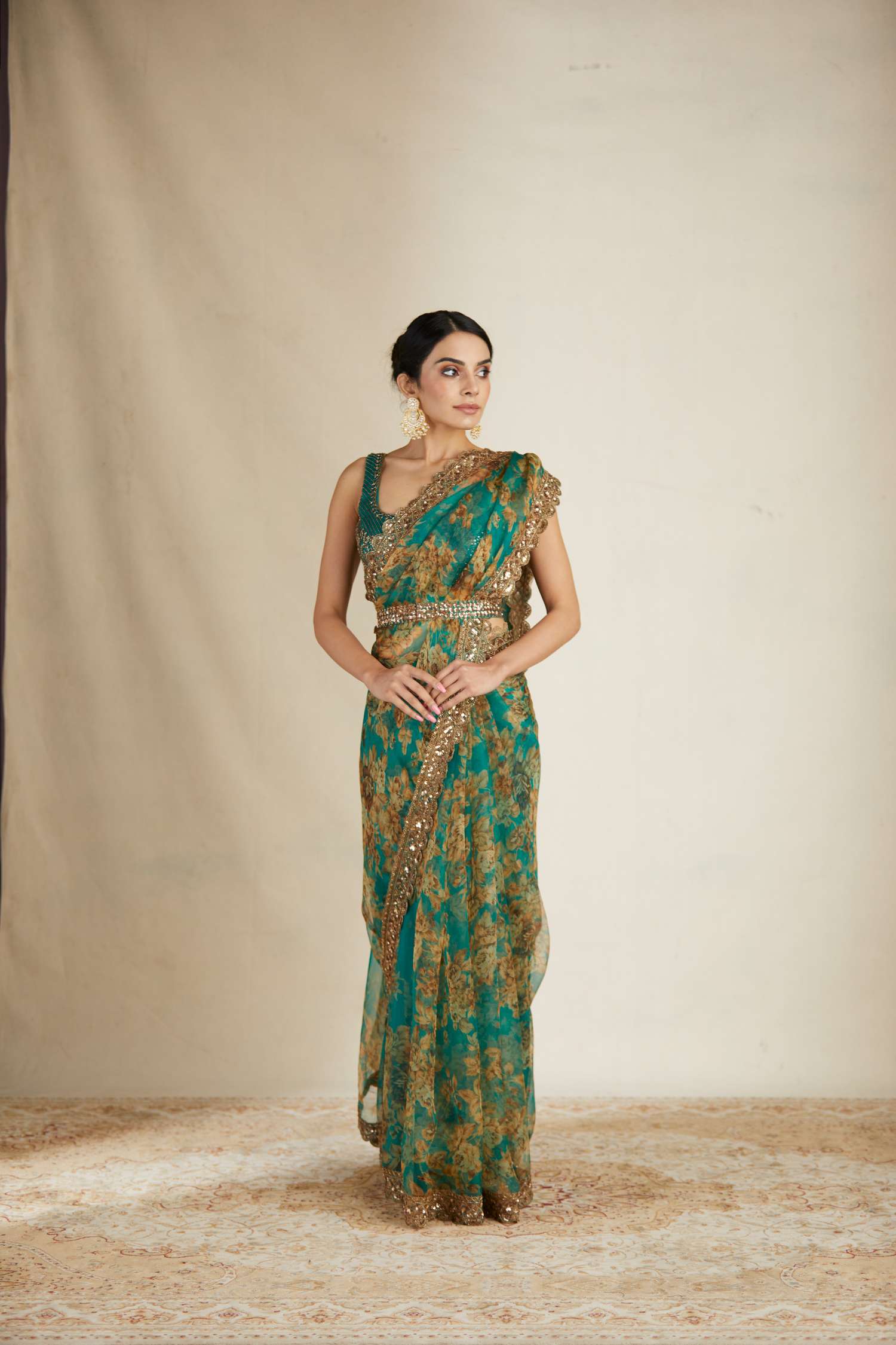 Teal Green Floral Saree Set