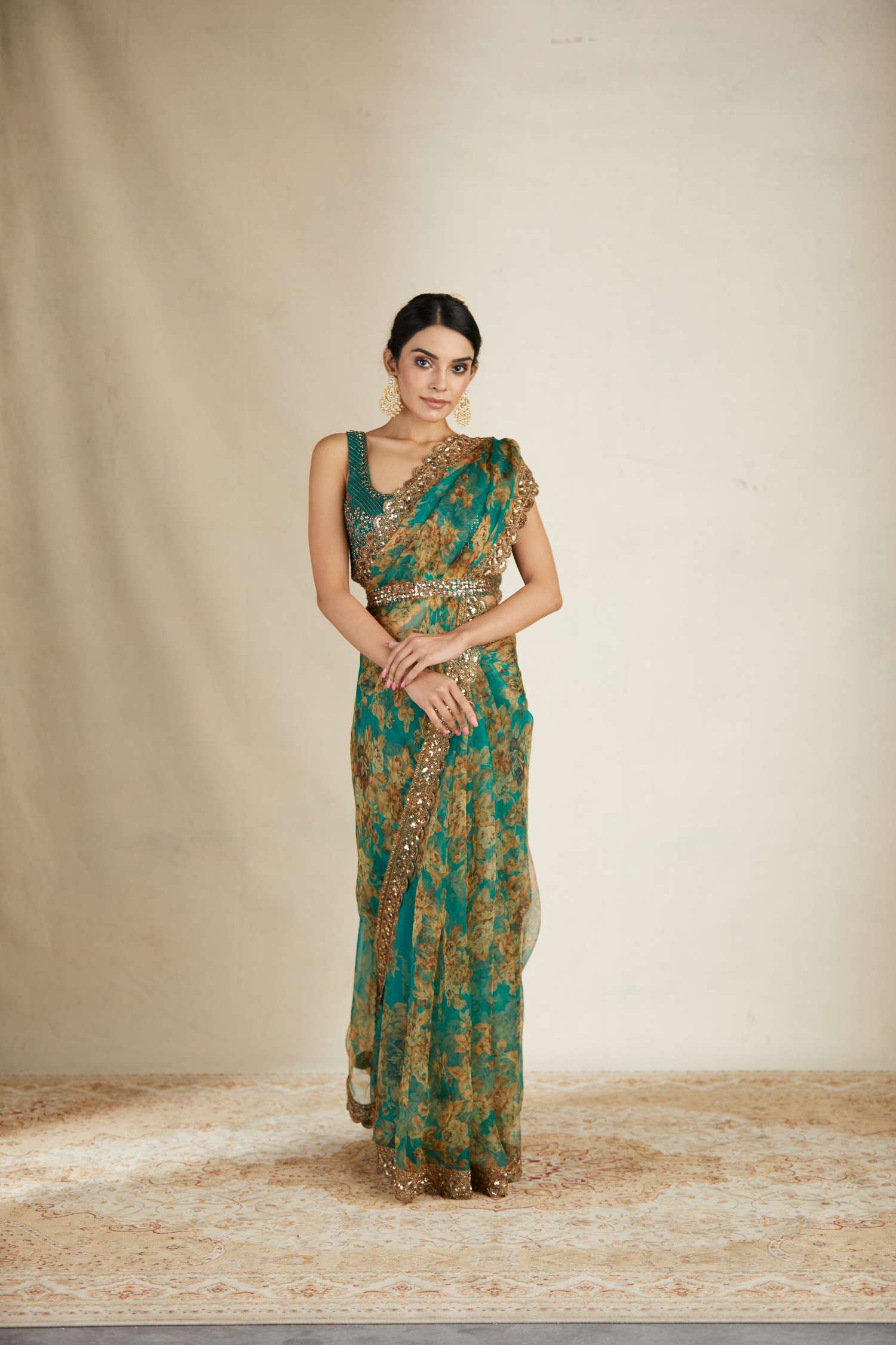 Teal Green Floral Saree Set