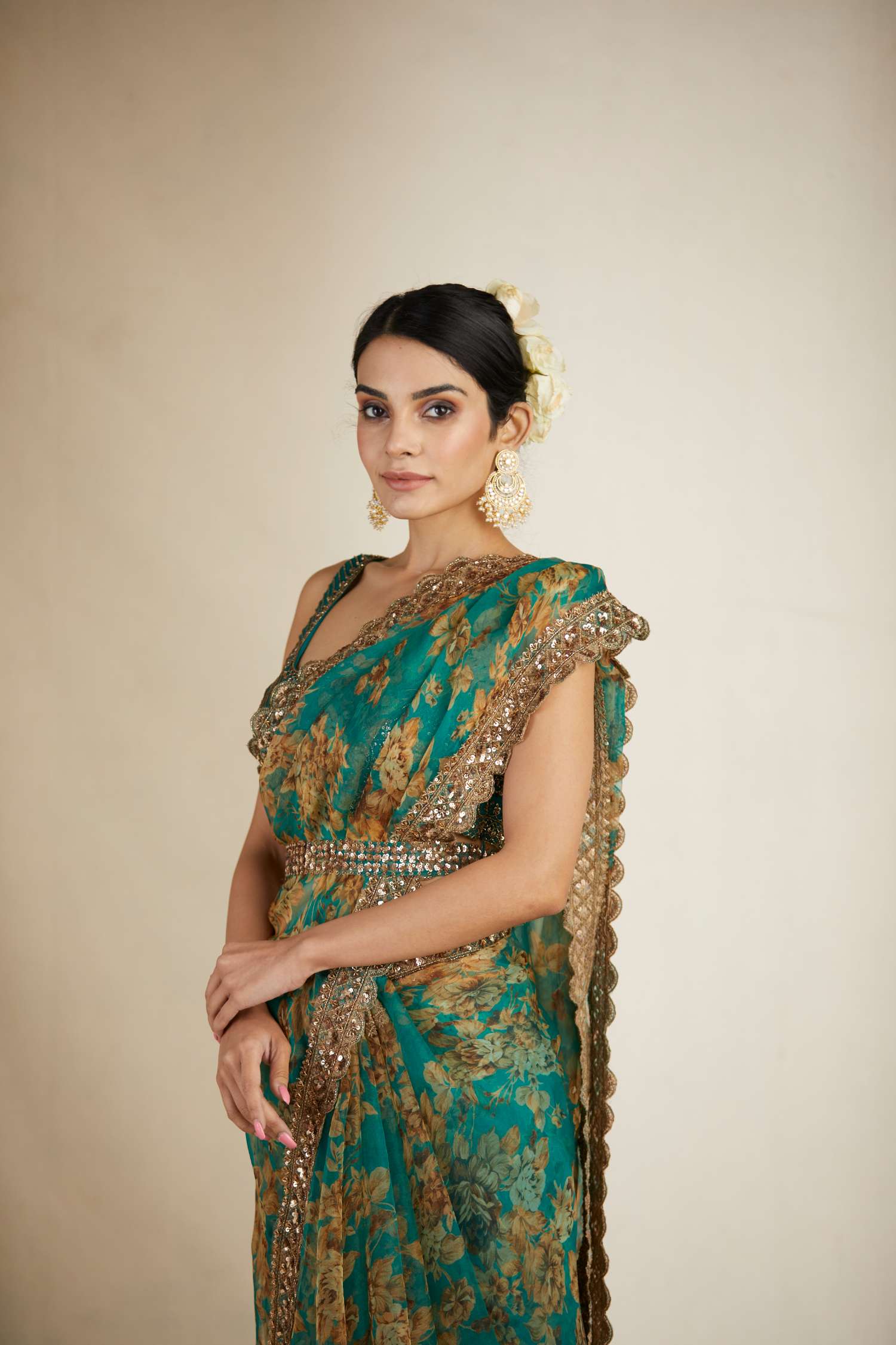 Teal Green Floral Saree Set
