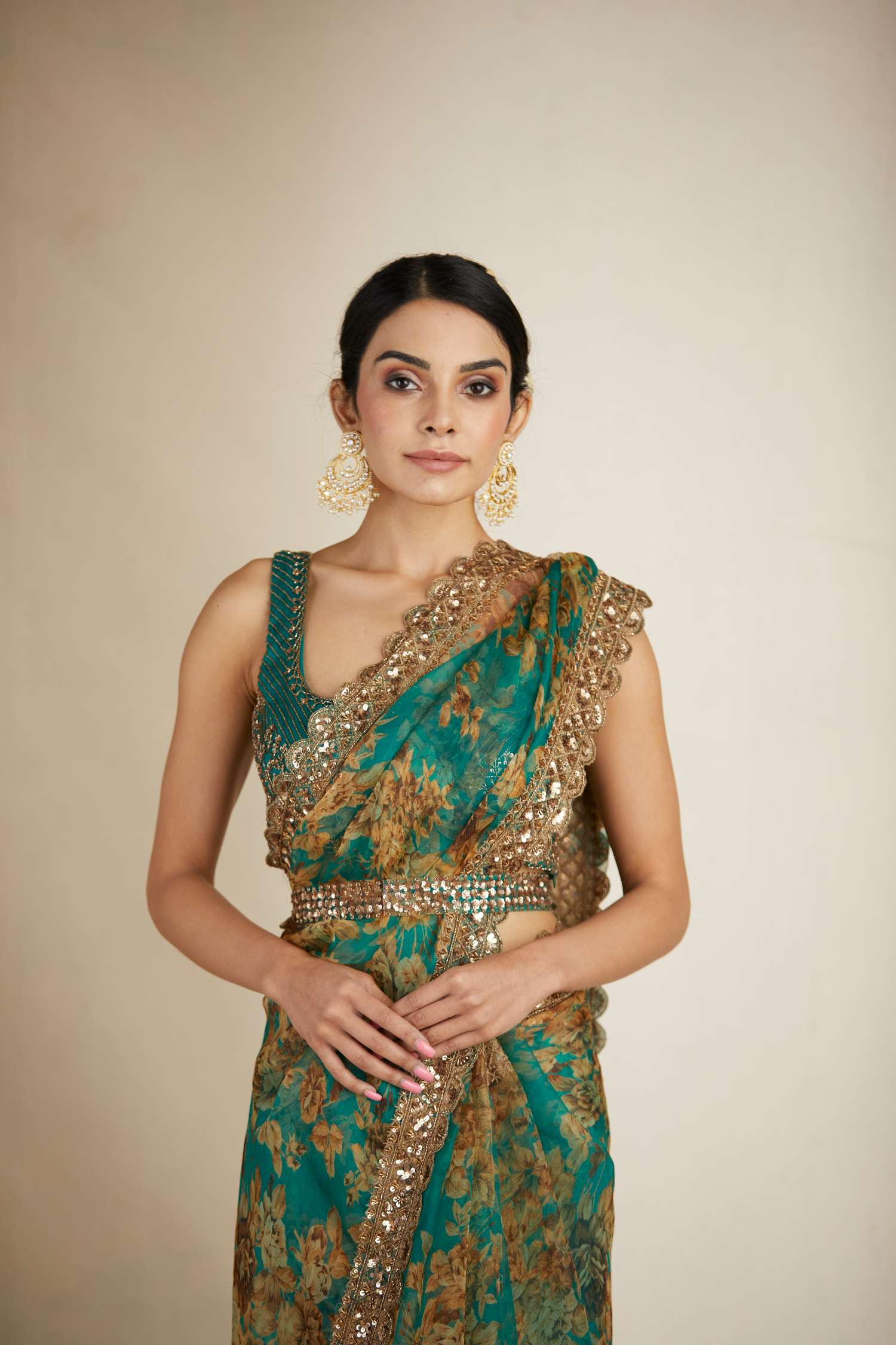 Teal Green Floral Saree Set