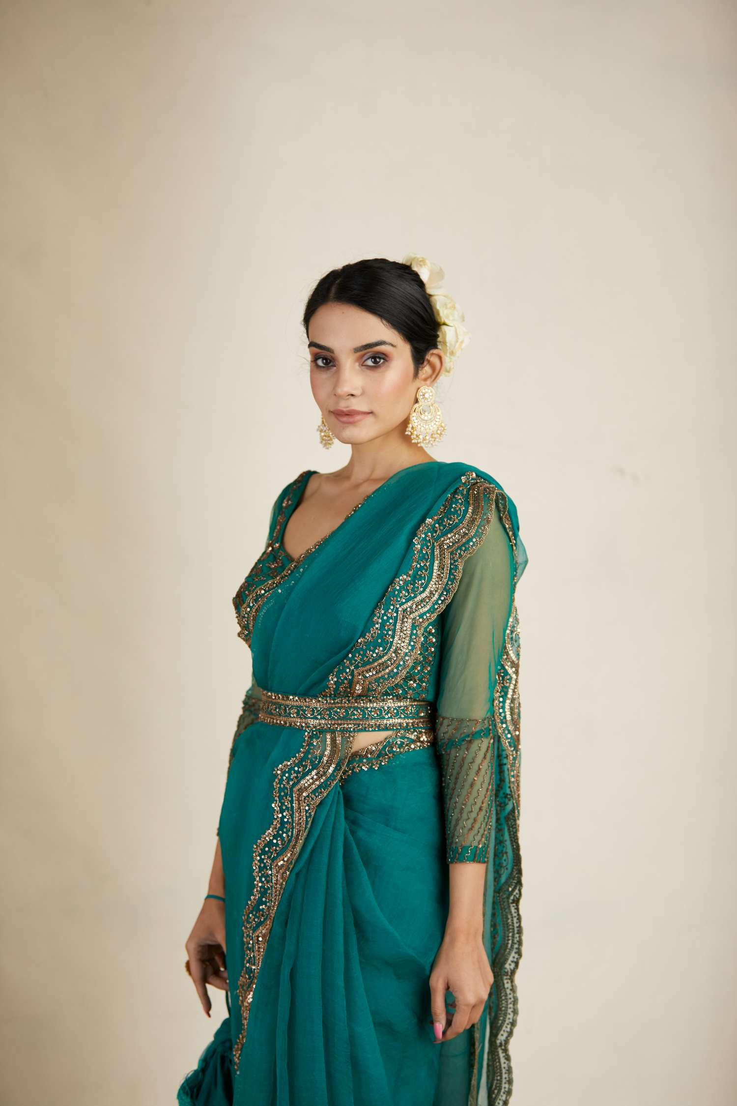 Teal Green Organza Sequence Work Saree Set