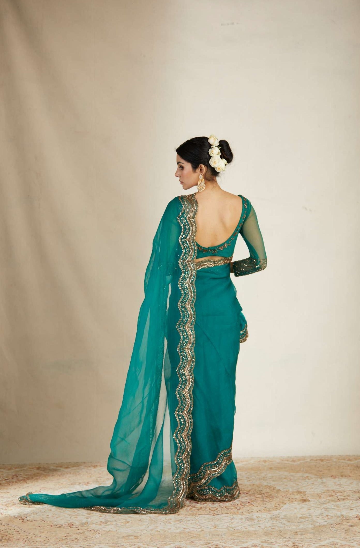 Teal Green Organza Sequence Work Saree Set