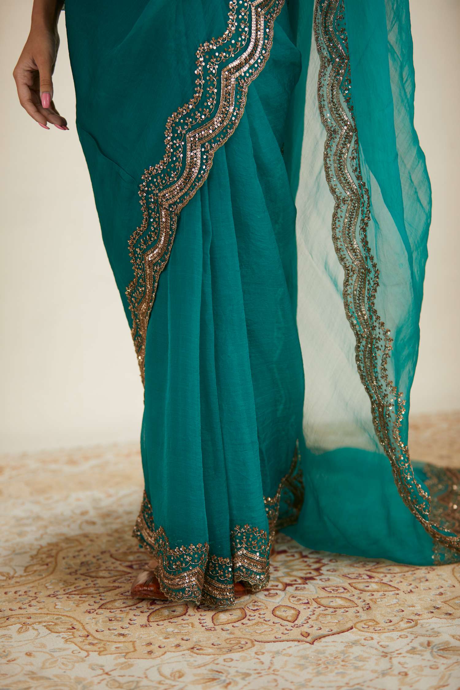 Teal Green Organza Sequence Work Saree Set
