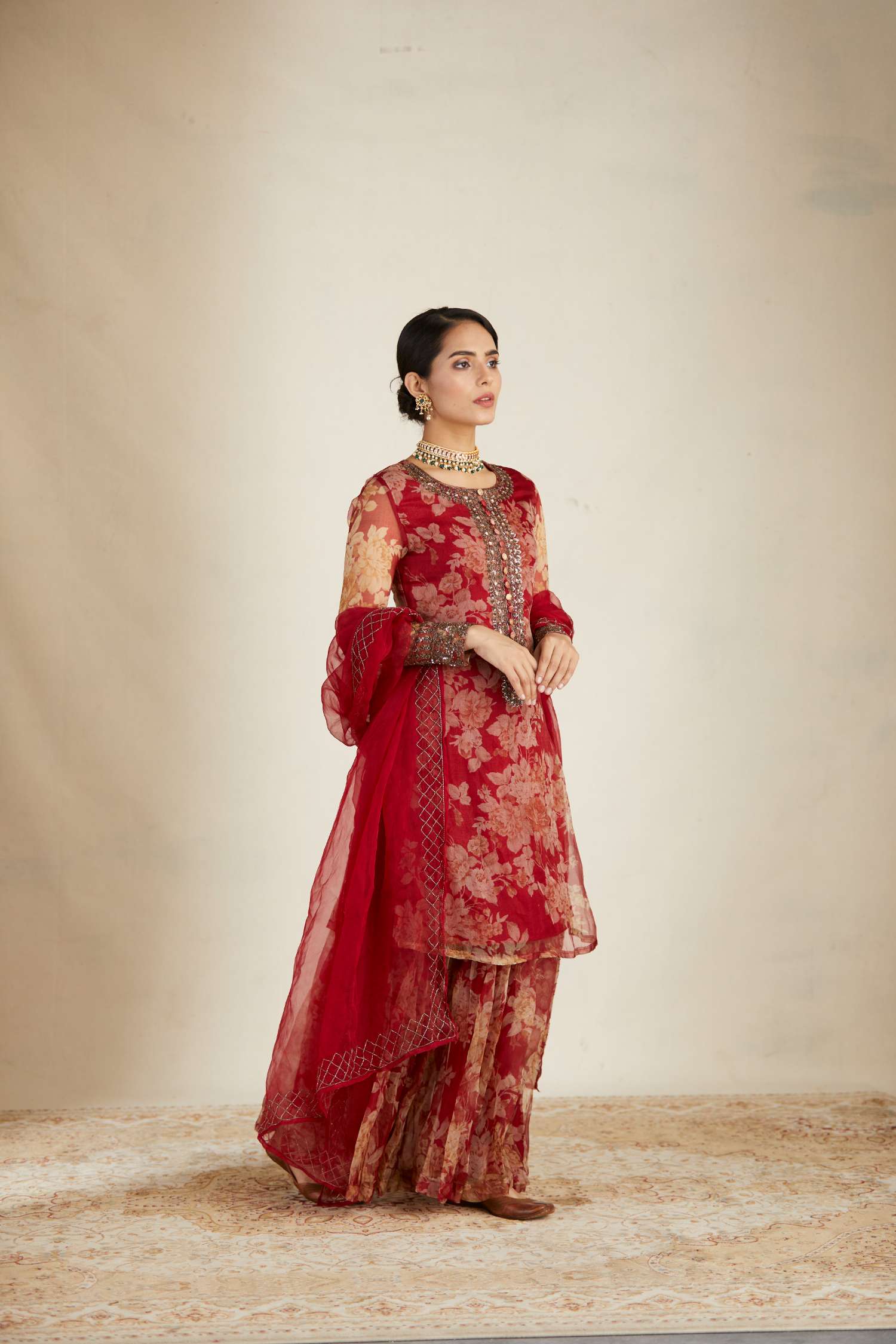 Red Floral Kurti Set