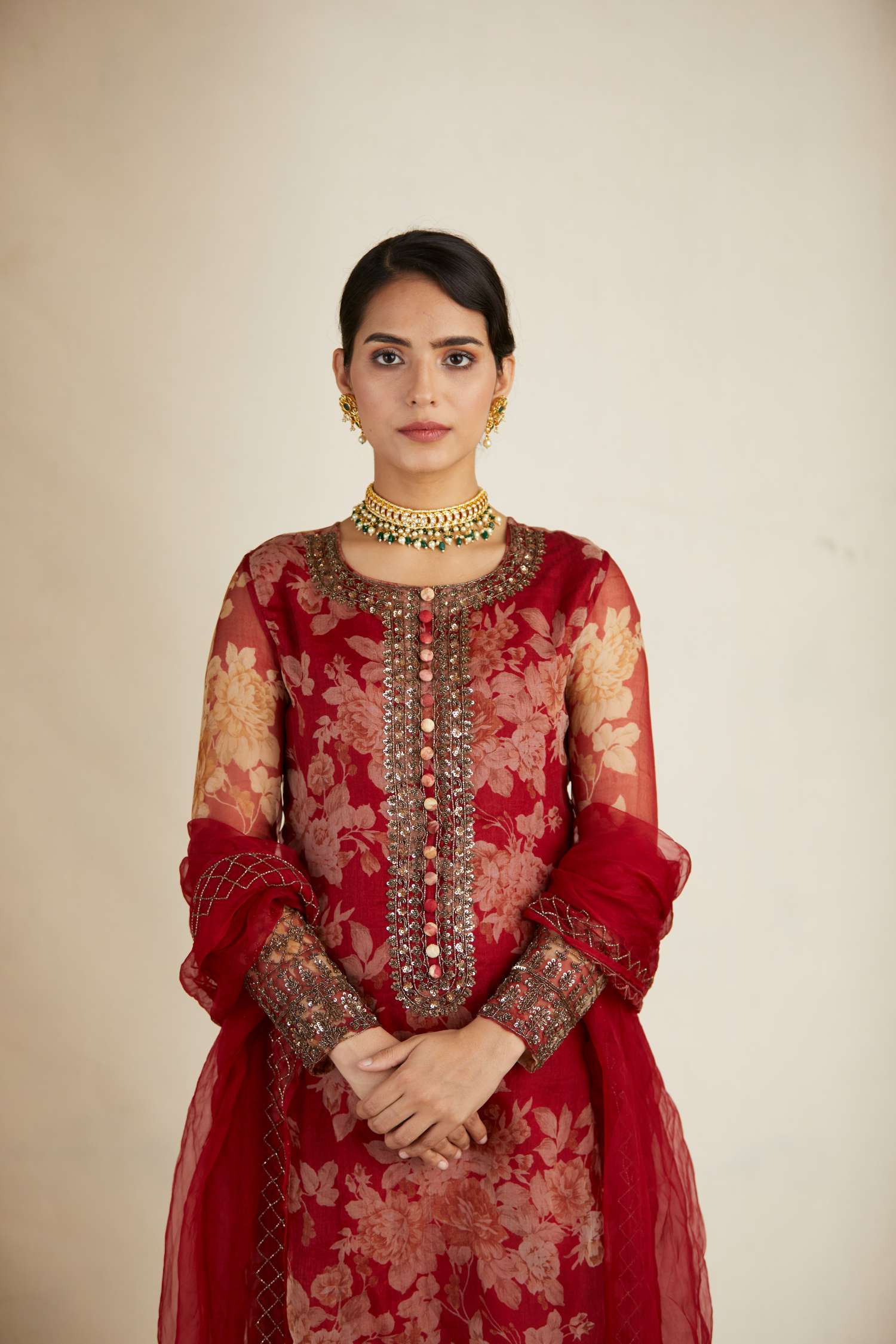 Red Floral Kurti Set