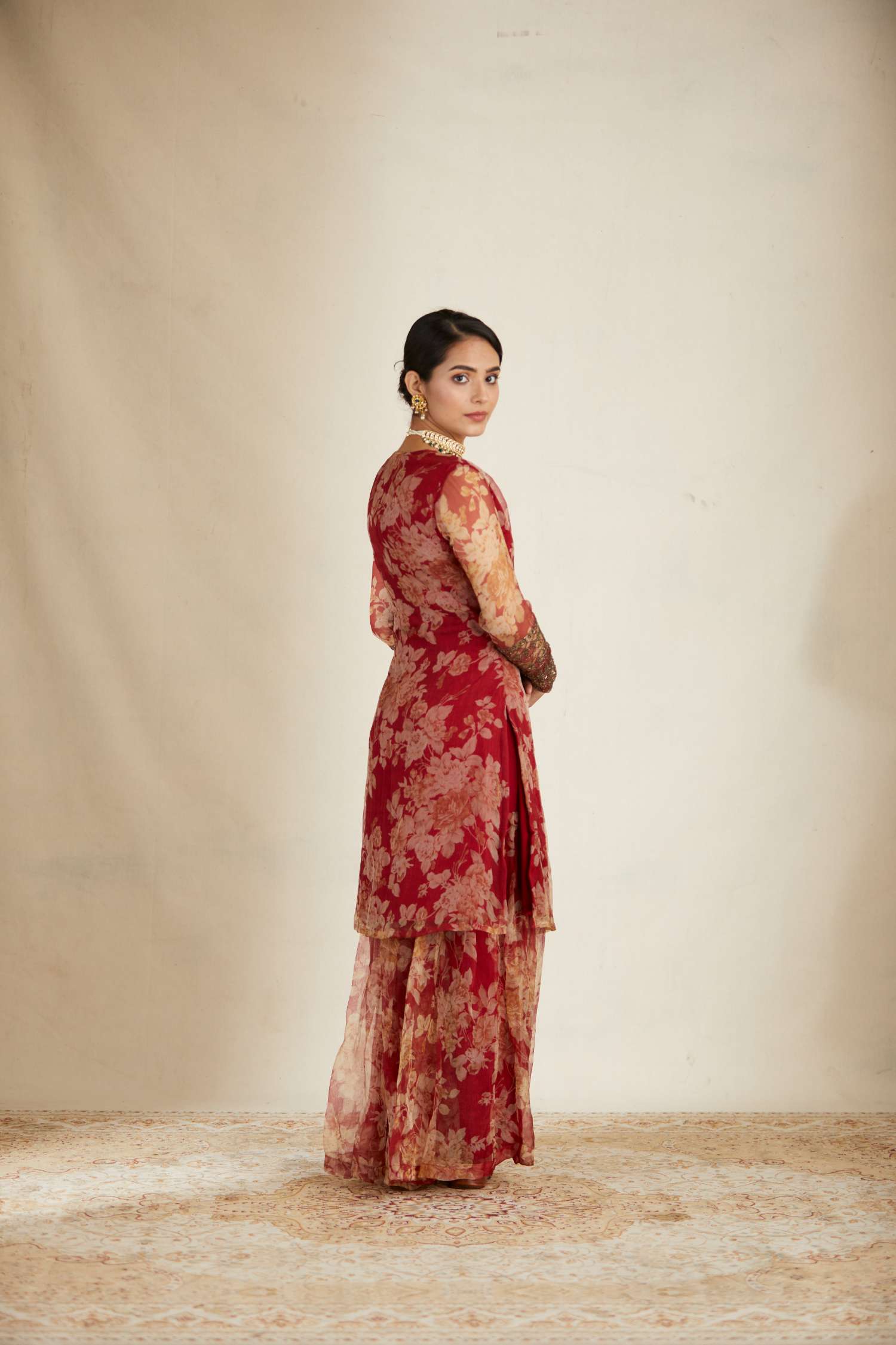 Red Floral Kurti Set