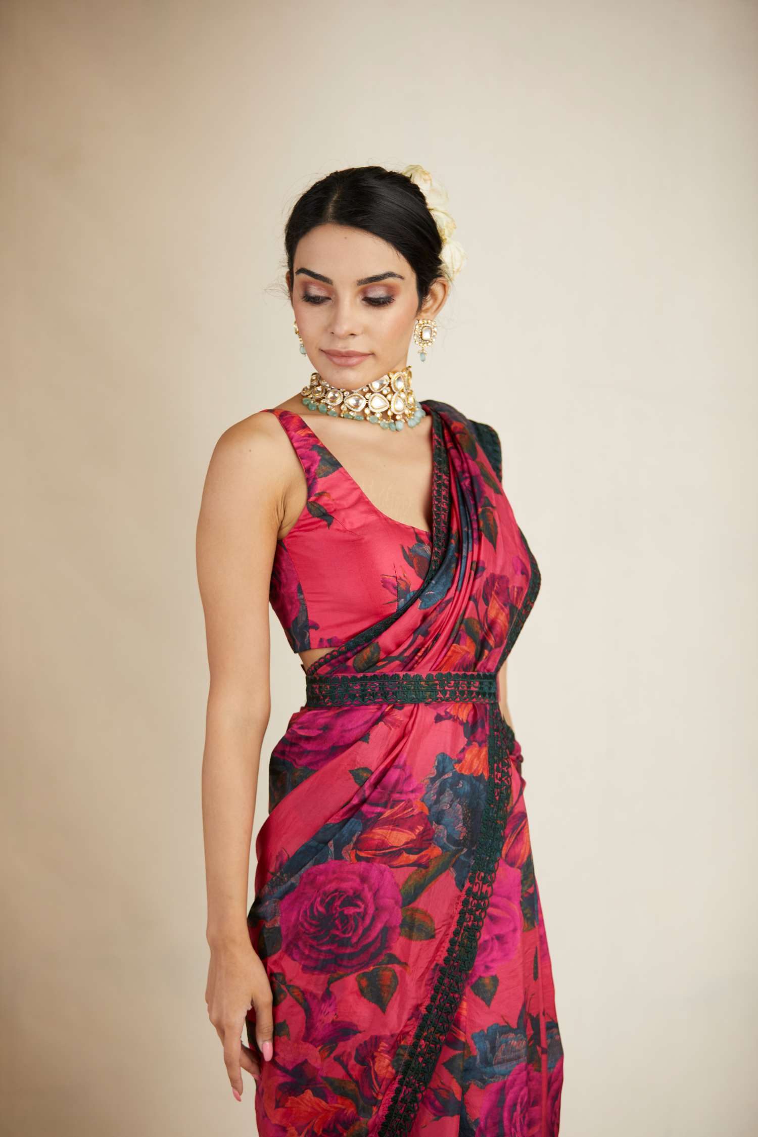Hot Pink Floral Saree Set