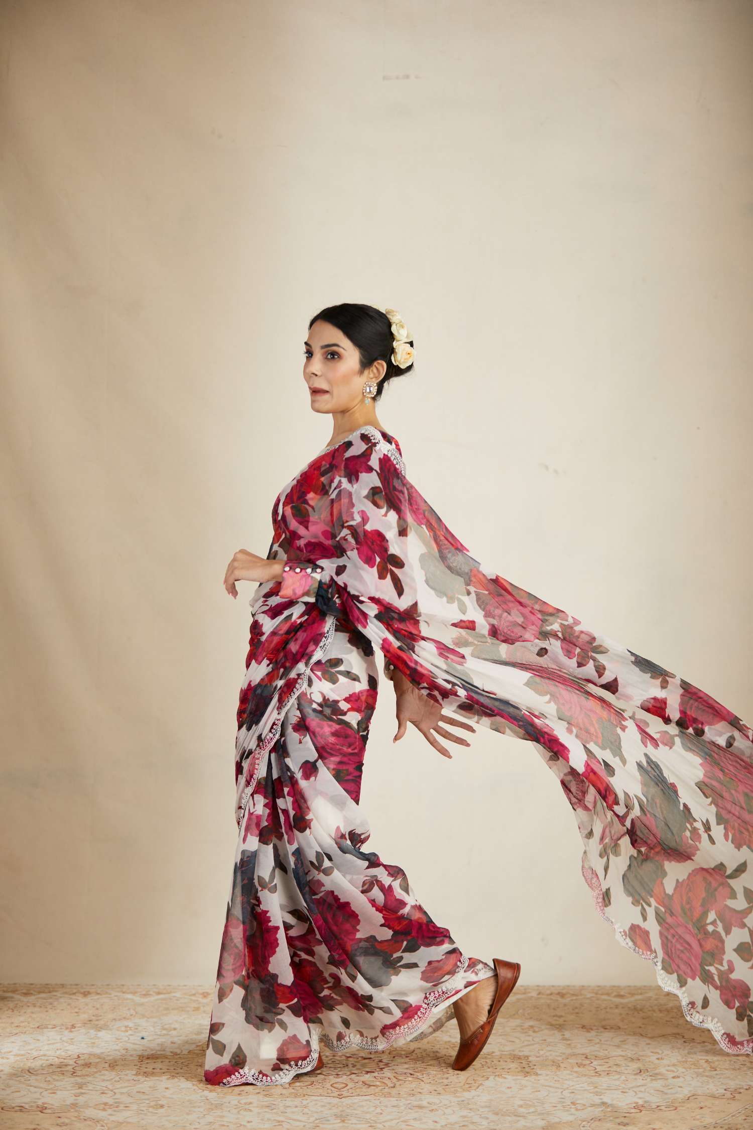White Red Floral Saree